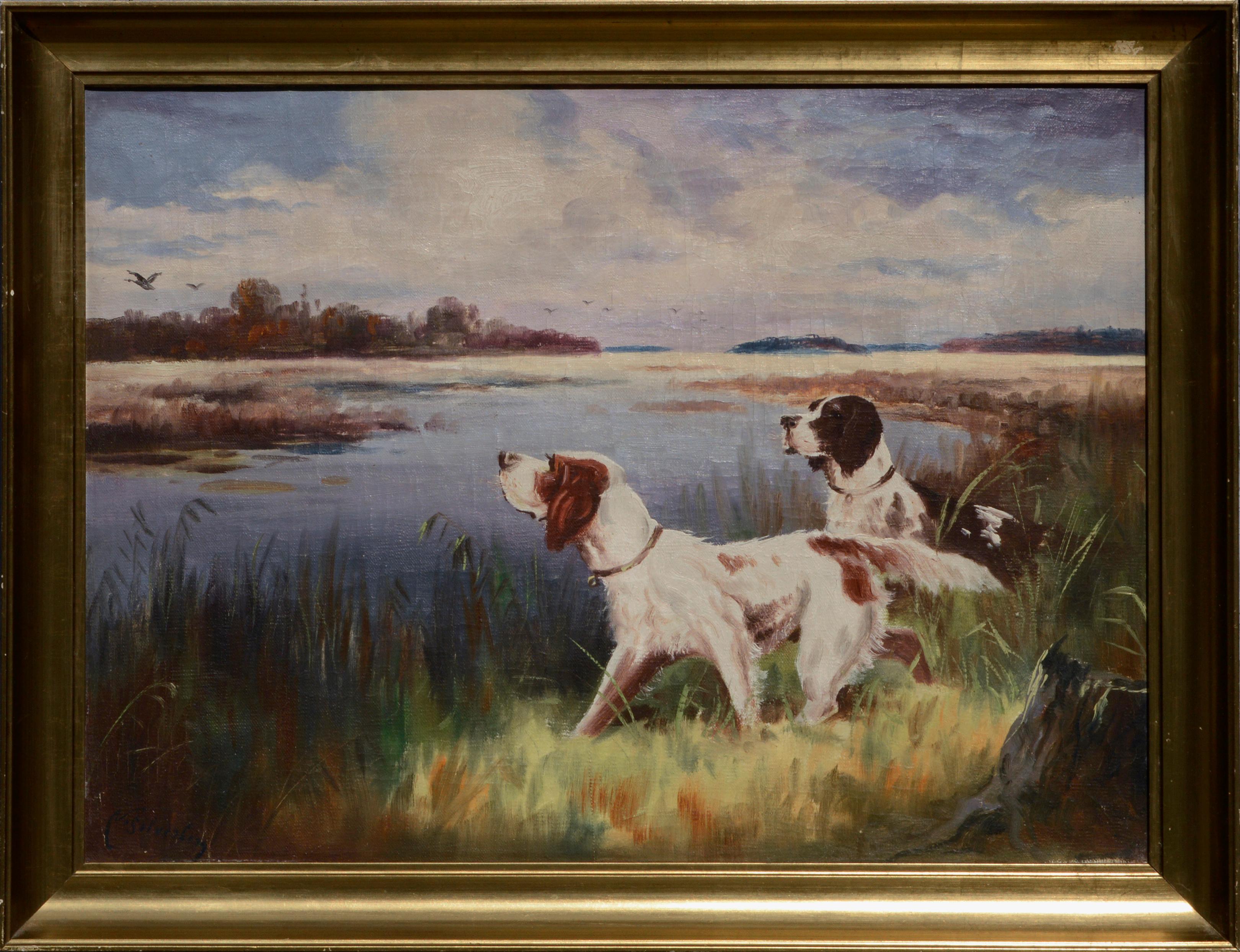 Nikolai Silverberg Landscape Painting - Hunting Dogs by the Lake - Landscape