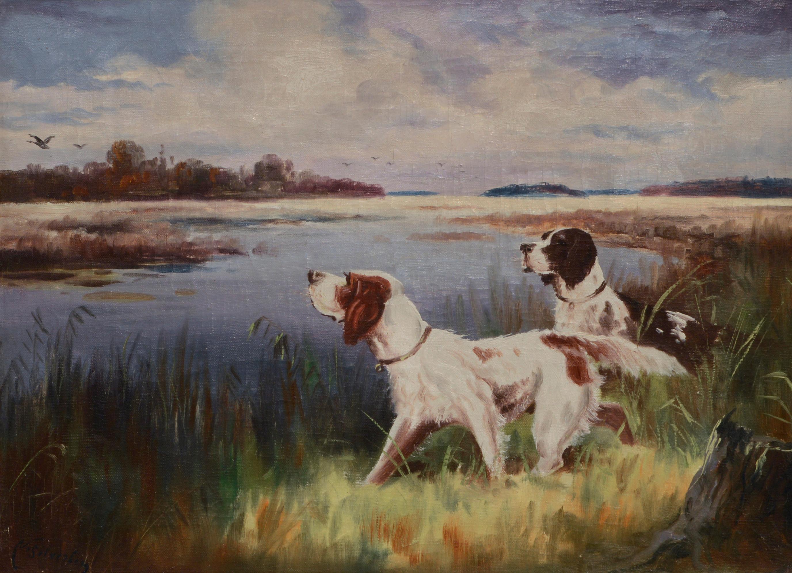 Hunting Dogs by the Lake - Landscape - Painting by Nikolai Silverberg