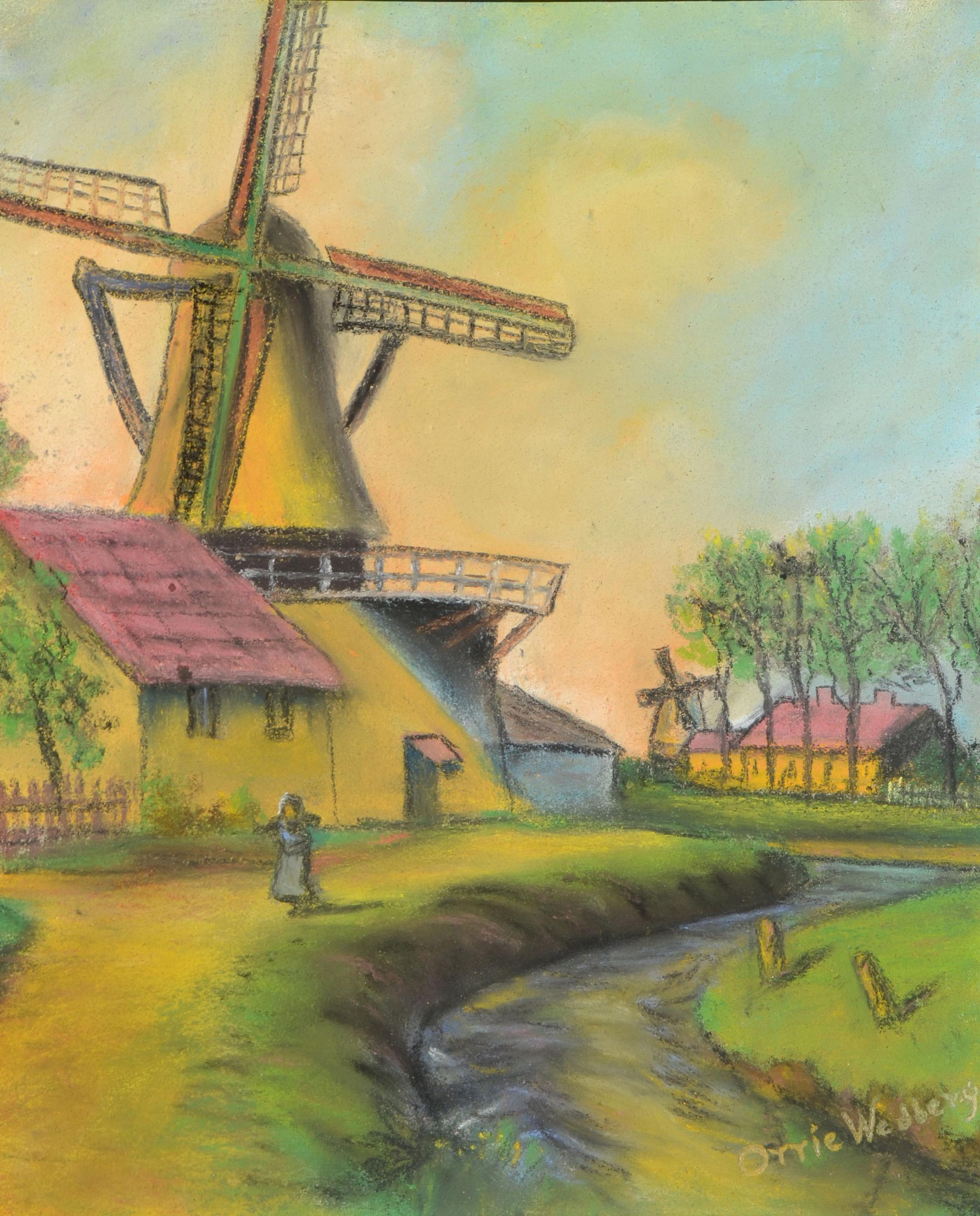 Fauvist Dutch/Belgium Windmill Landscape - Painting by Orrie Wedberg