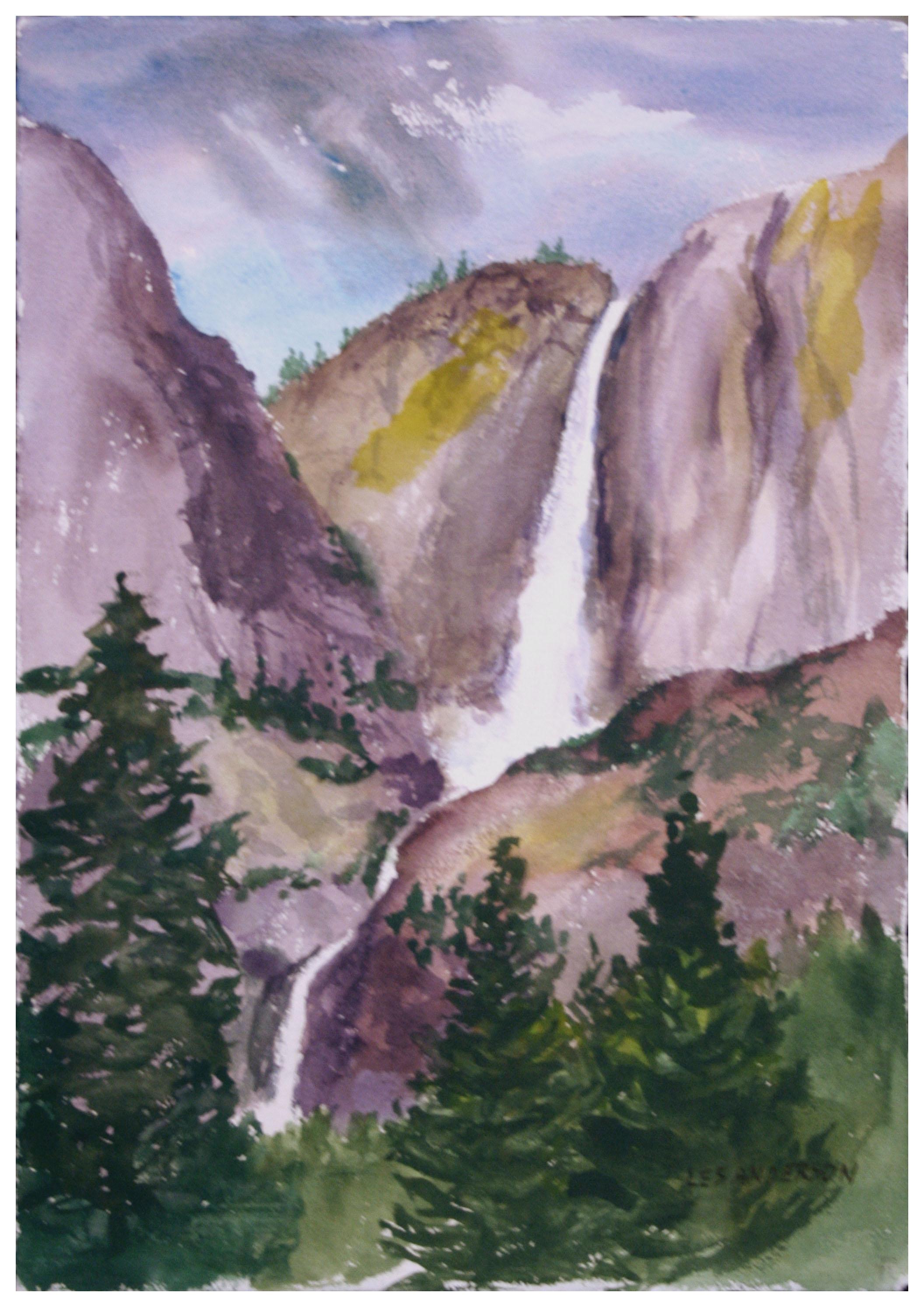 Bridal Veil Falls, Yosemite Waterfall Watercolor Landscape