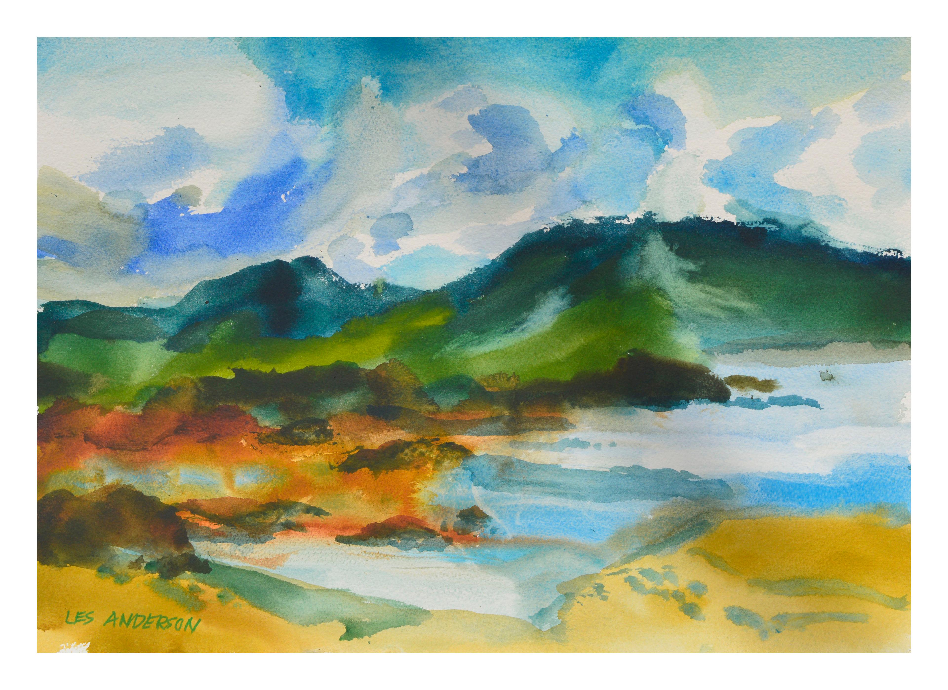Lake & Mountains Watercolor Landscape 