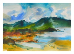 Vintage Lake & Mountains Watercolor Landscape 