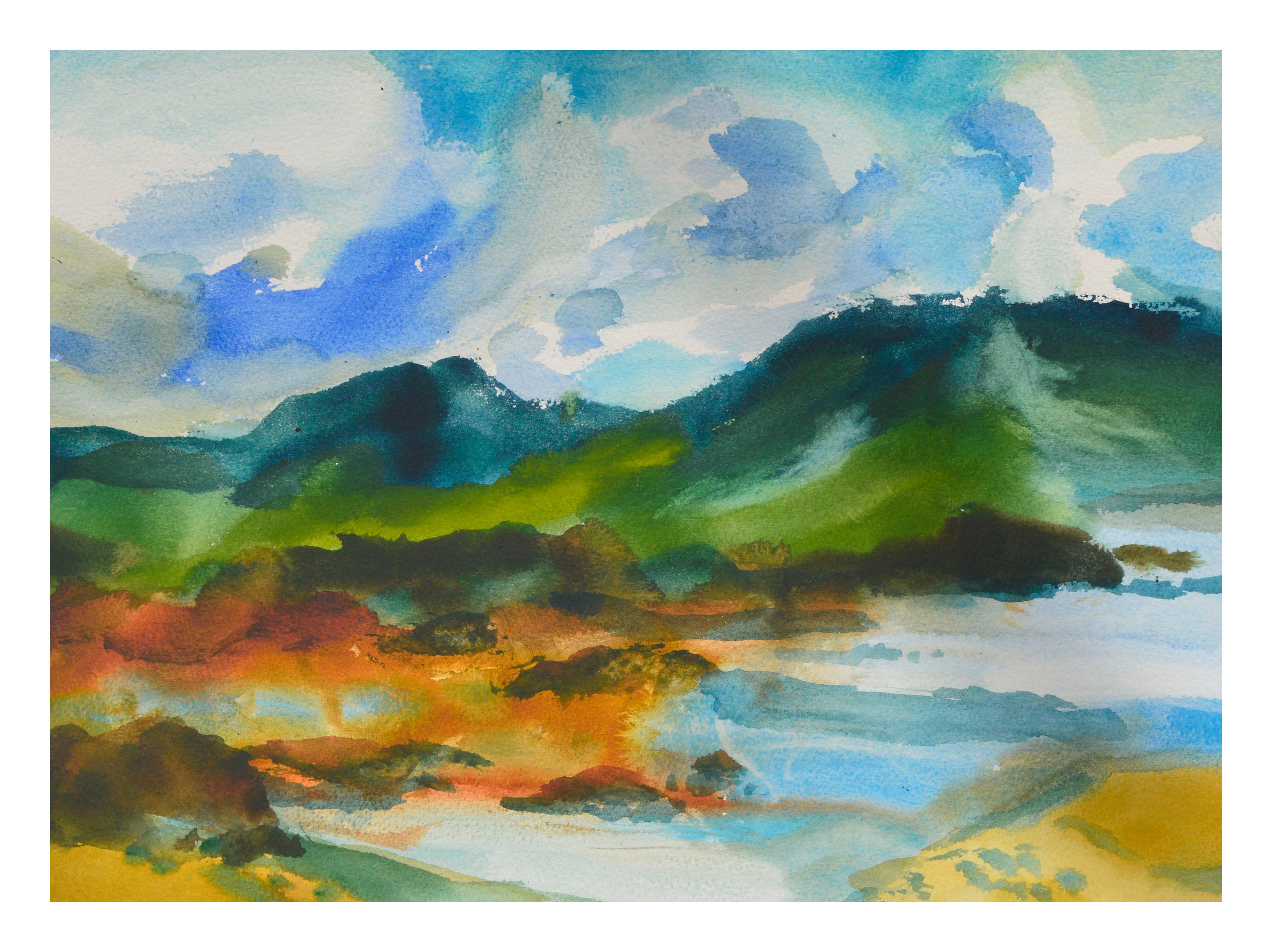 Lake & Mountains Watercolor Landscape  - Art by Les Anderson