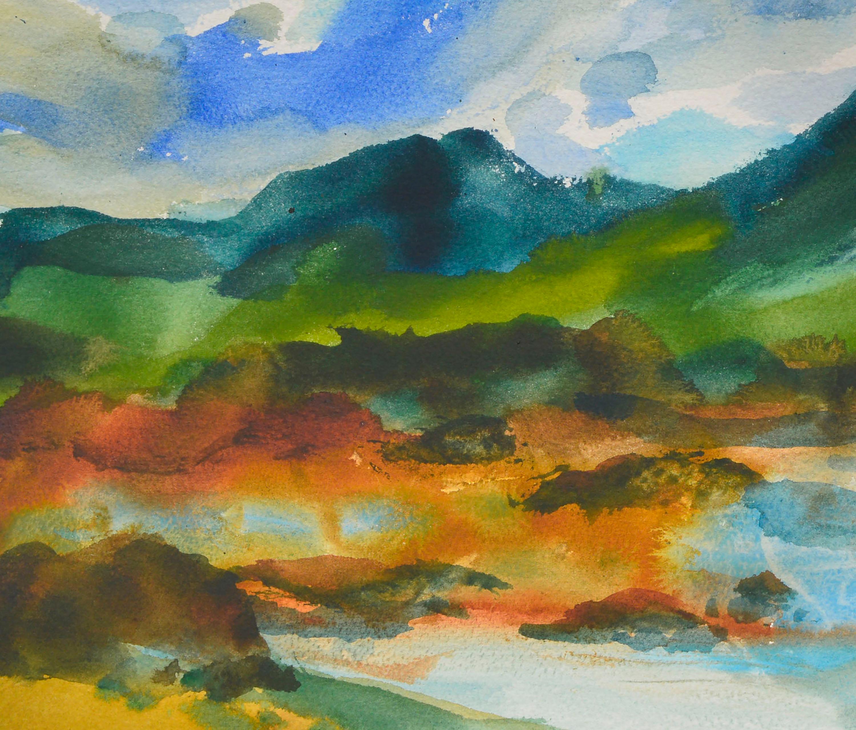 Paesaggio acquerellato di laghi e montagne - Landscape Art Grigio di Les Anderson