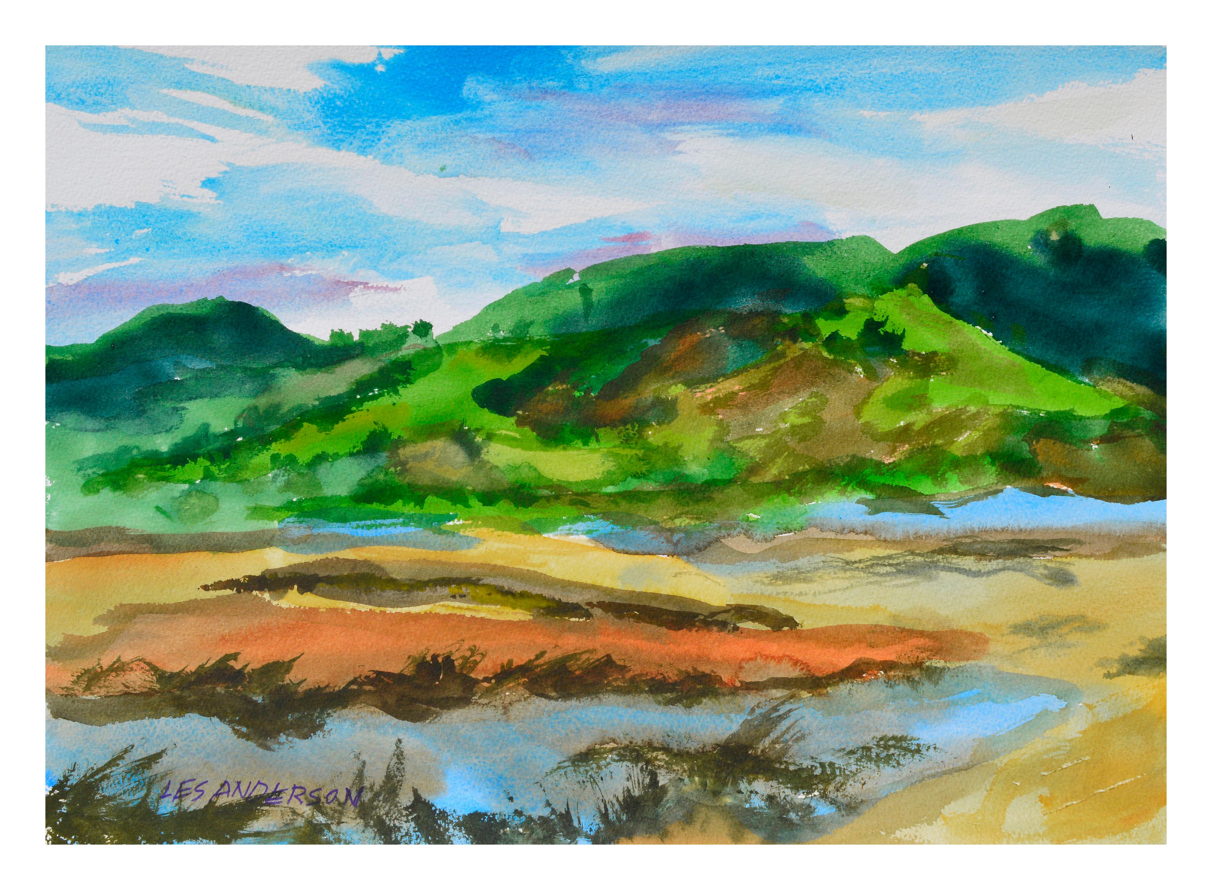 Hillside Lake Watercolor Landscape