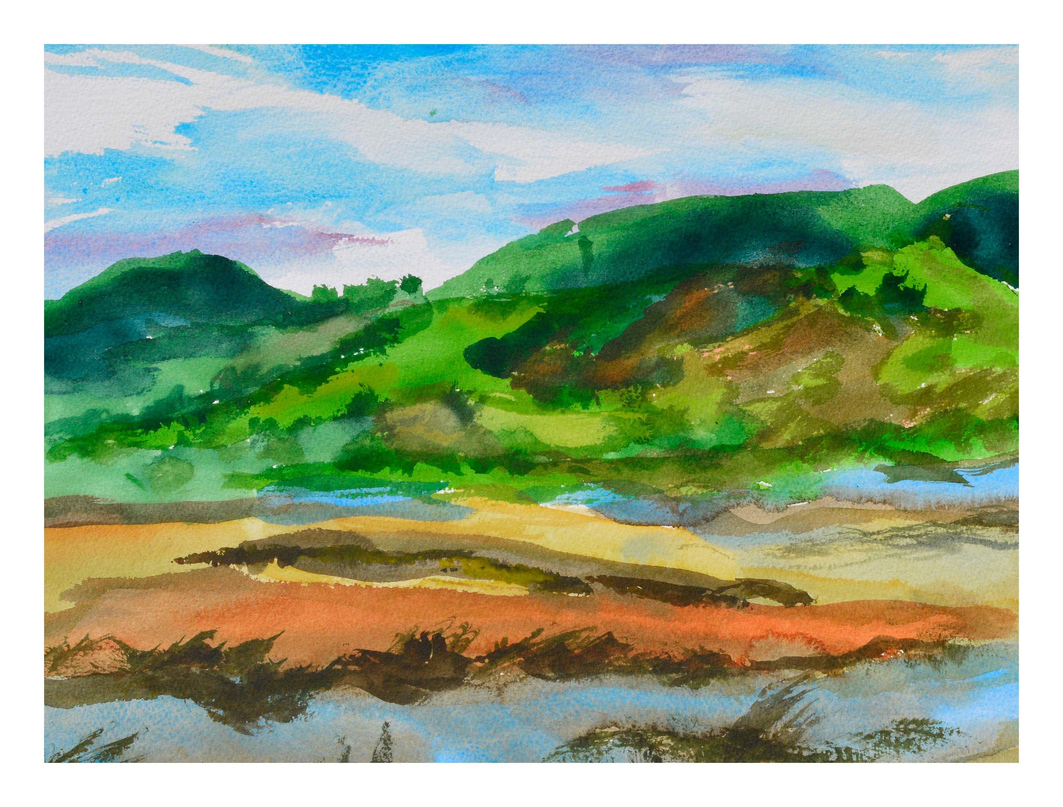 Aquarelle - Paysage de lac de Hillside - Art de Les Anderson