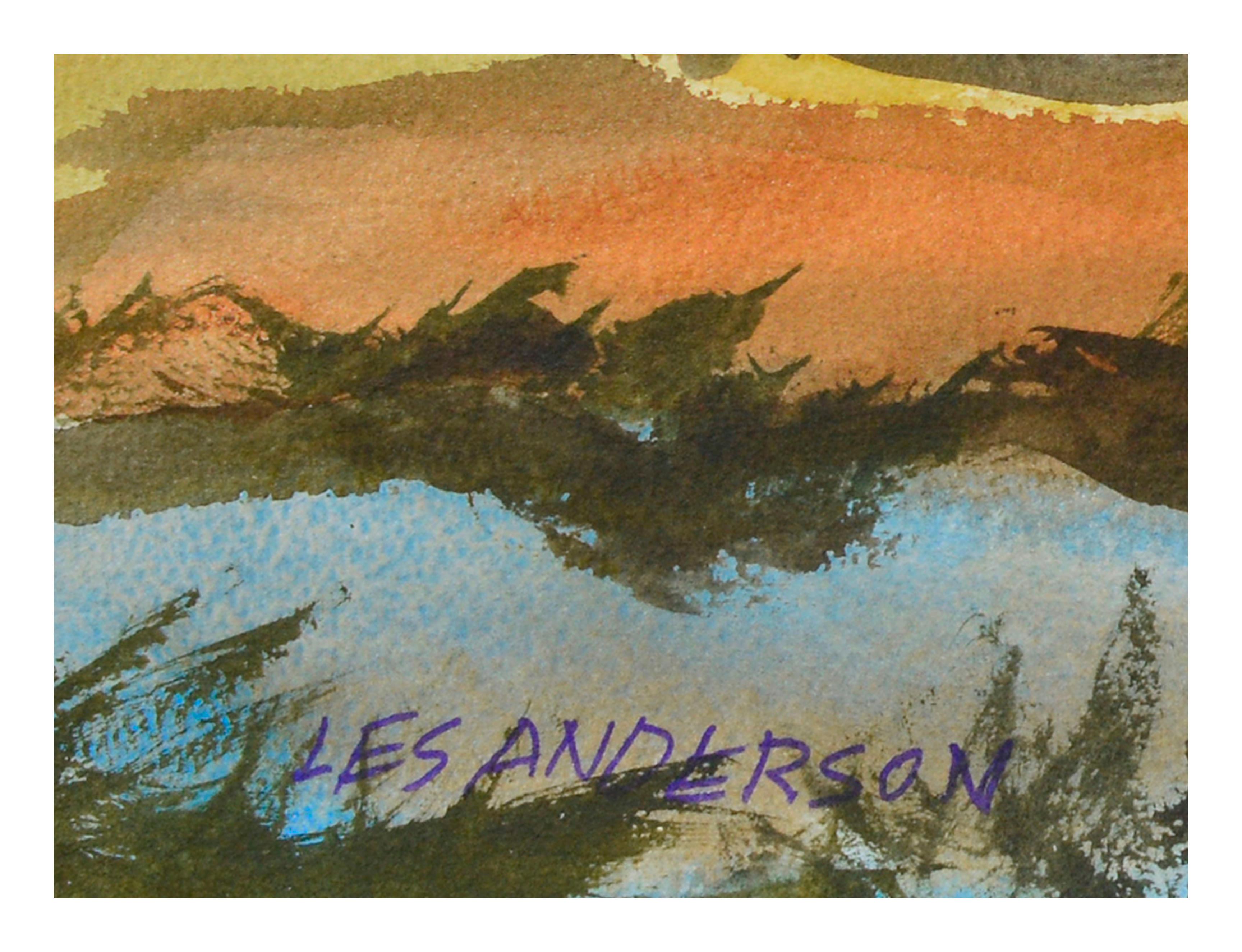 Colorful watercolor landscape of a lake surrounded by mountains by California artist Les (Leslie Luverne) Anderson (American, 1928-2009). From the estate of Les Anderson in Monterey, California. Unframed. Signed 