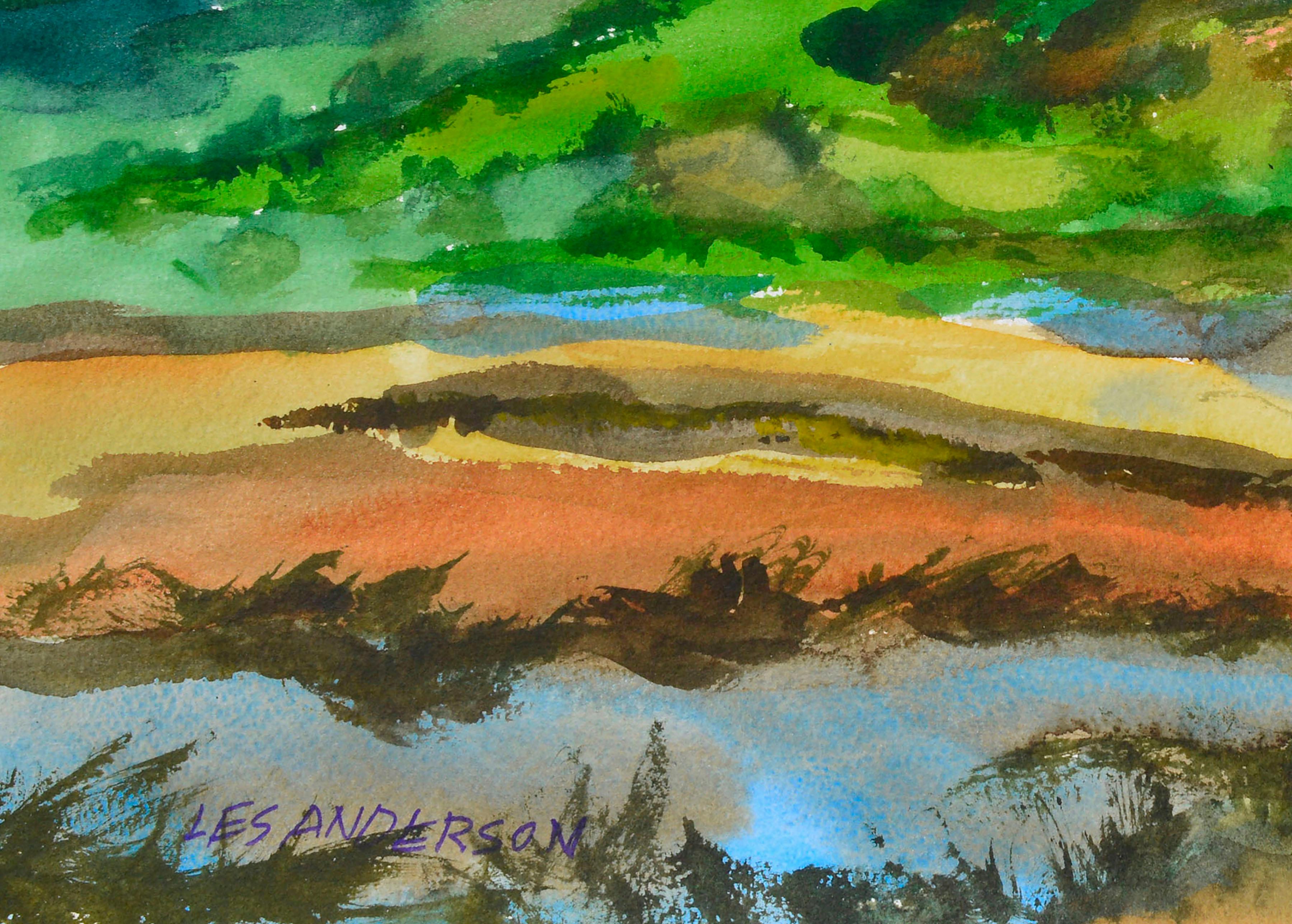 Hillside Lake Watercolor Landscape - Brown Landscape Art by Les Anderson