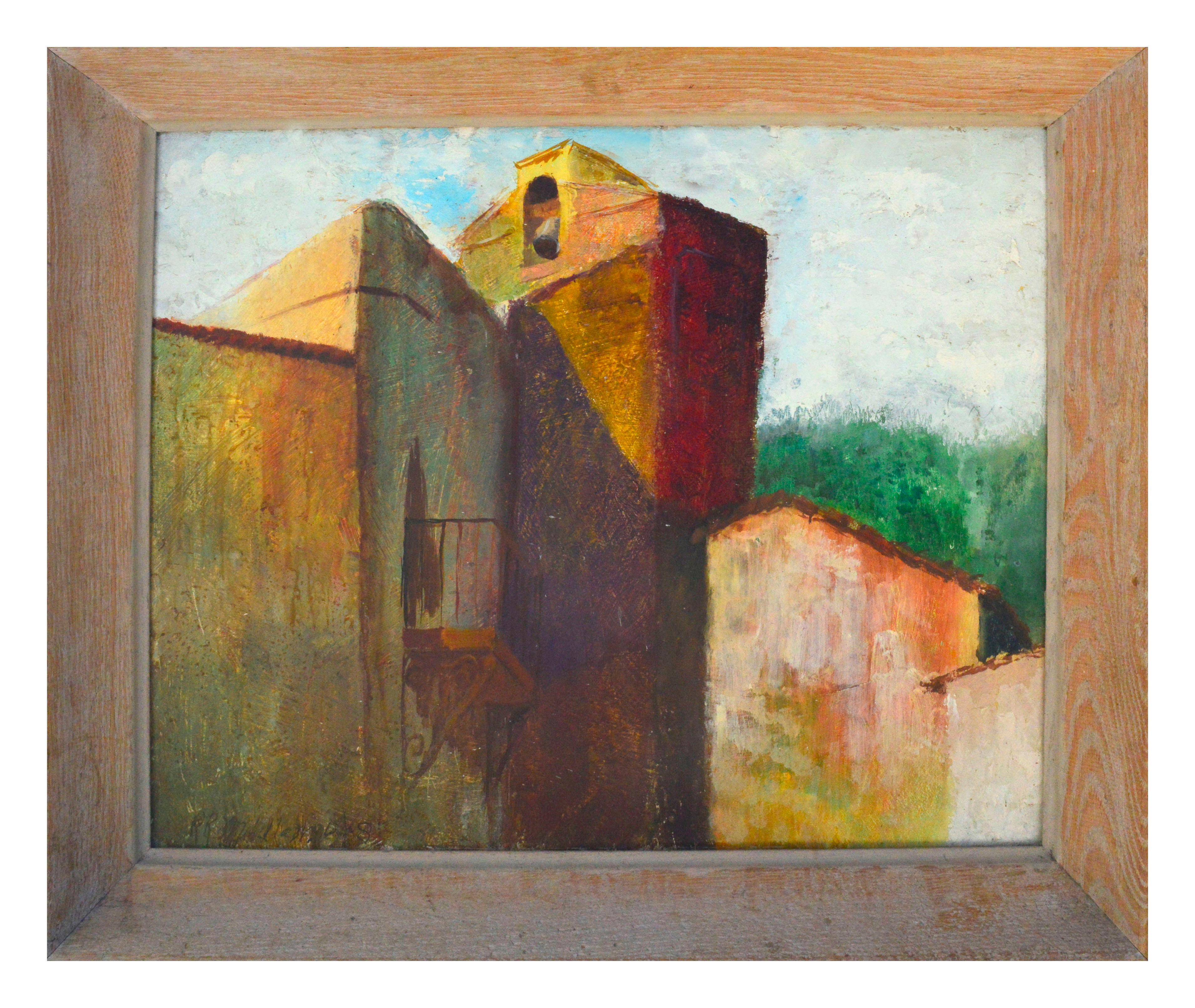 R.R. Middlebrooks Landscape Painting - "Monastery Bell" - Mid Century Abstracted Old Village Landscape 