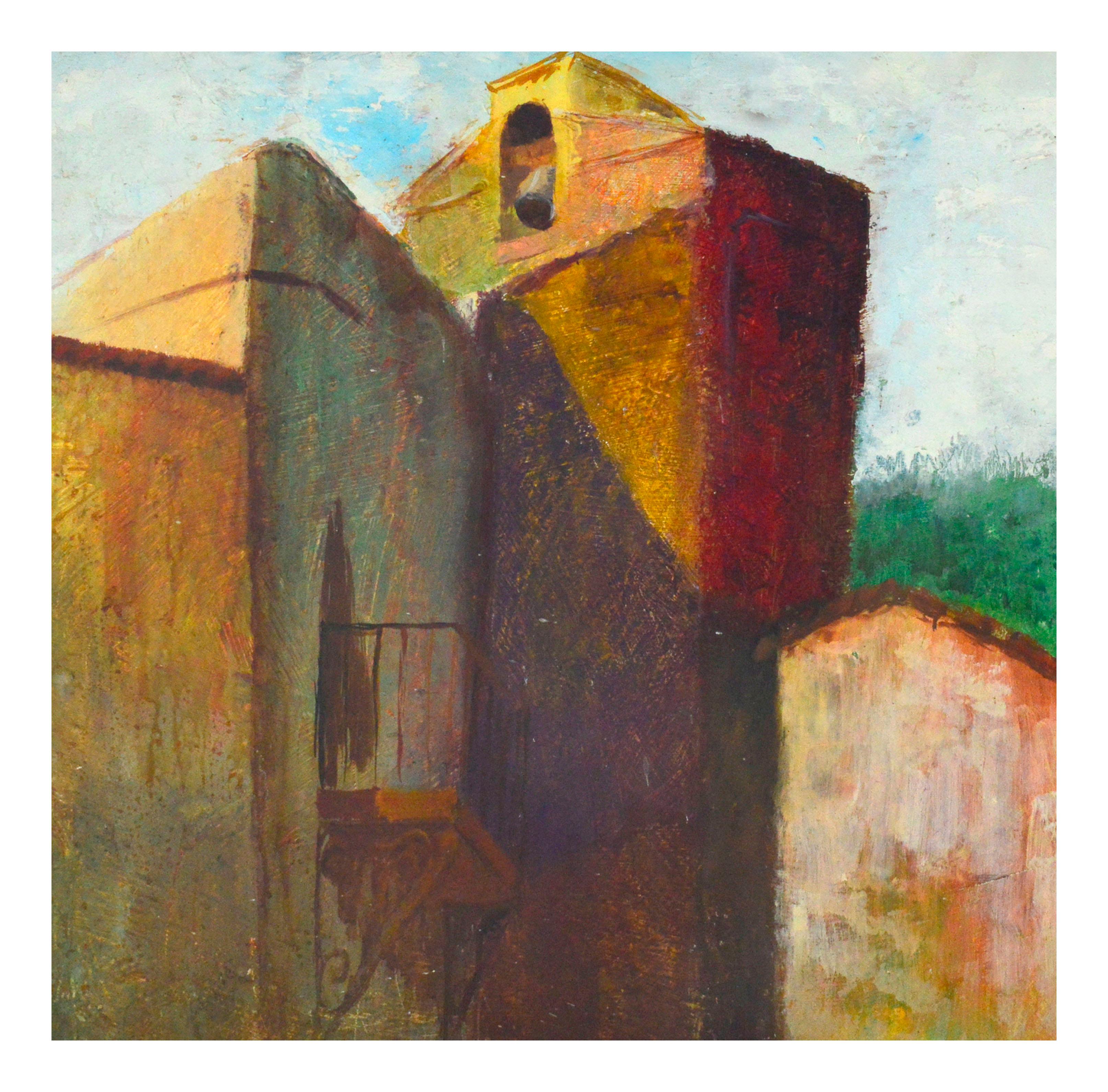 „“Möbelglocke““ – Abstrakte Landschaft eines alten Dorfes, Mitte des Jahrhunderts  (Amerikanischer Impressionismus), Painting, von R.R. Middlebrooks