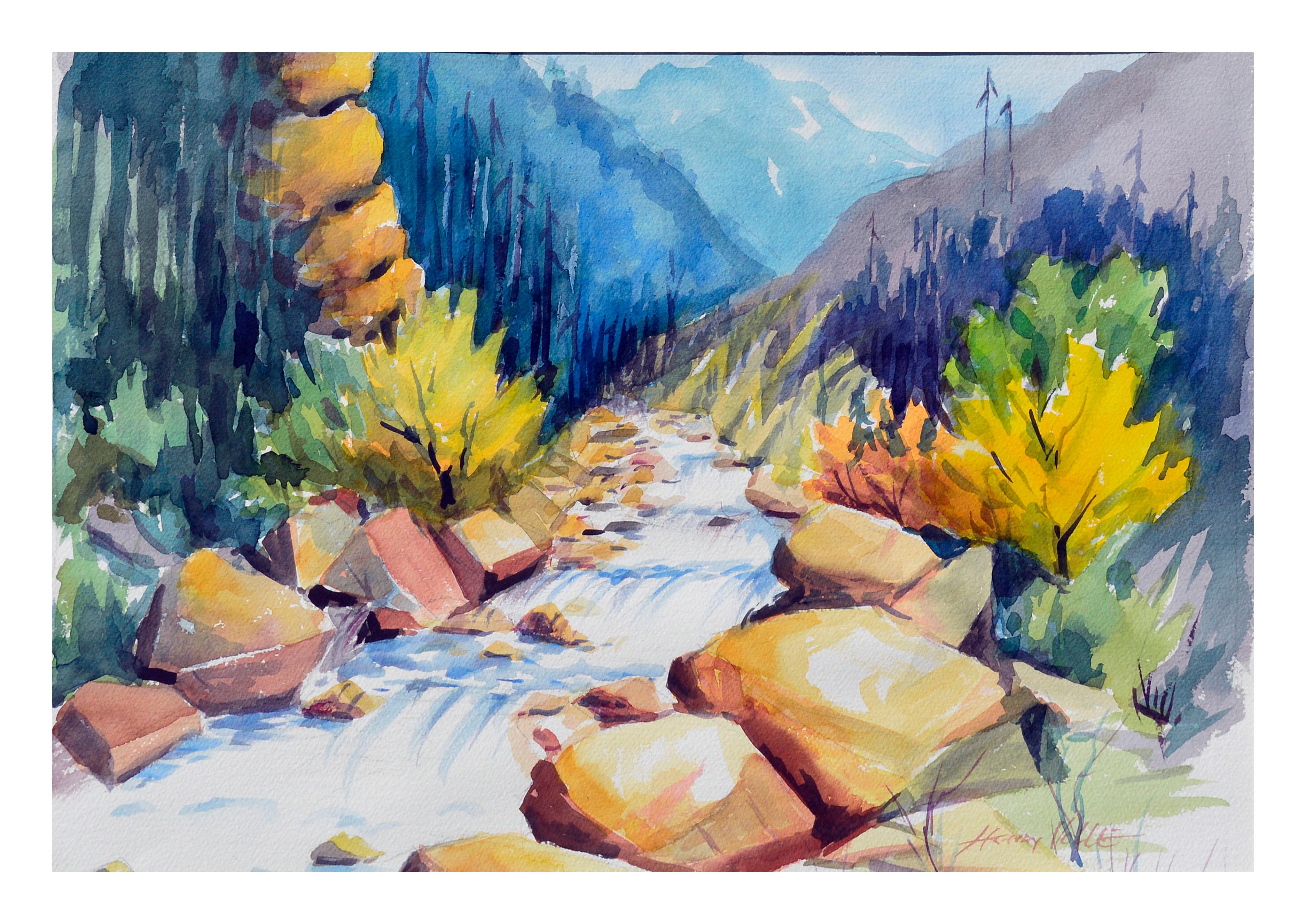 Henry Hank Volle Landscape Art - Mountain River Watercolor Landscape