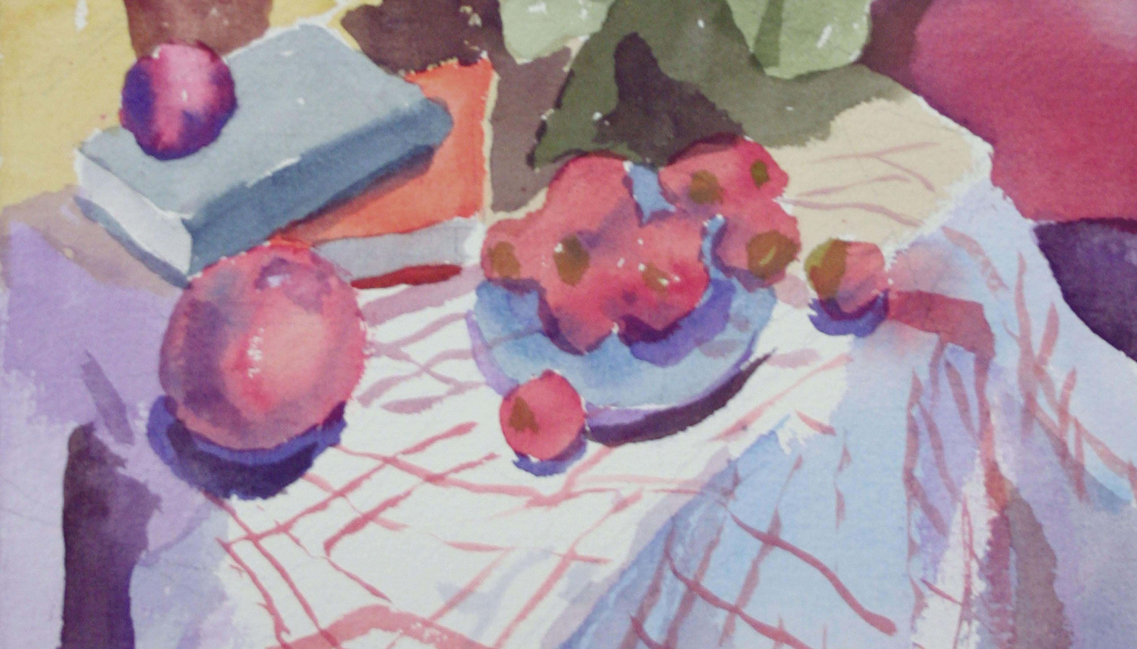 Primroses and Fruit Still Life - American Impressionist Art by Les Anderson