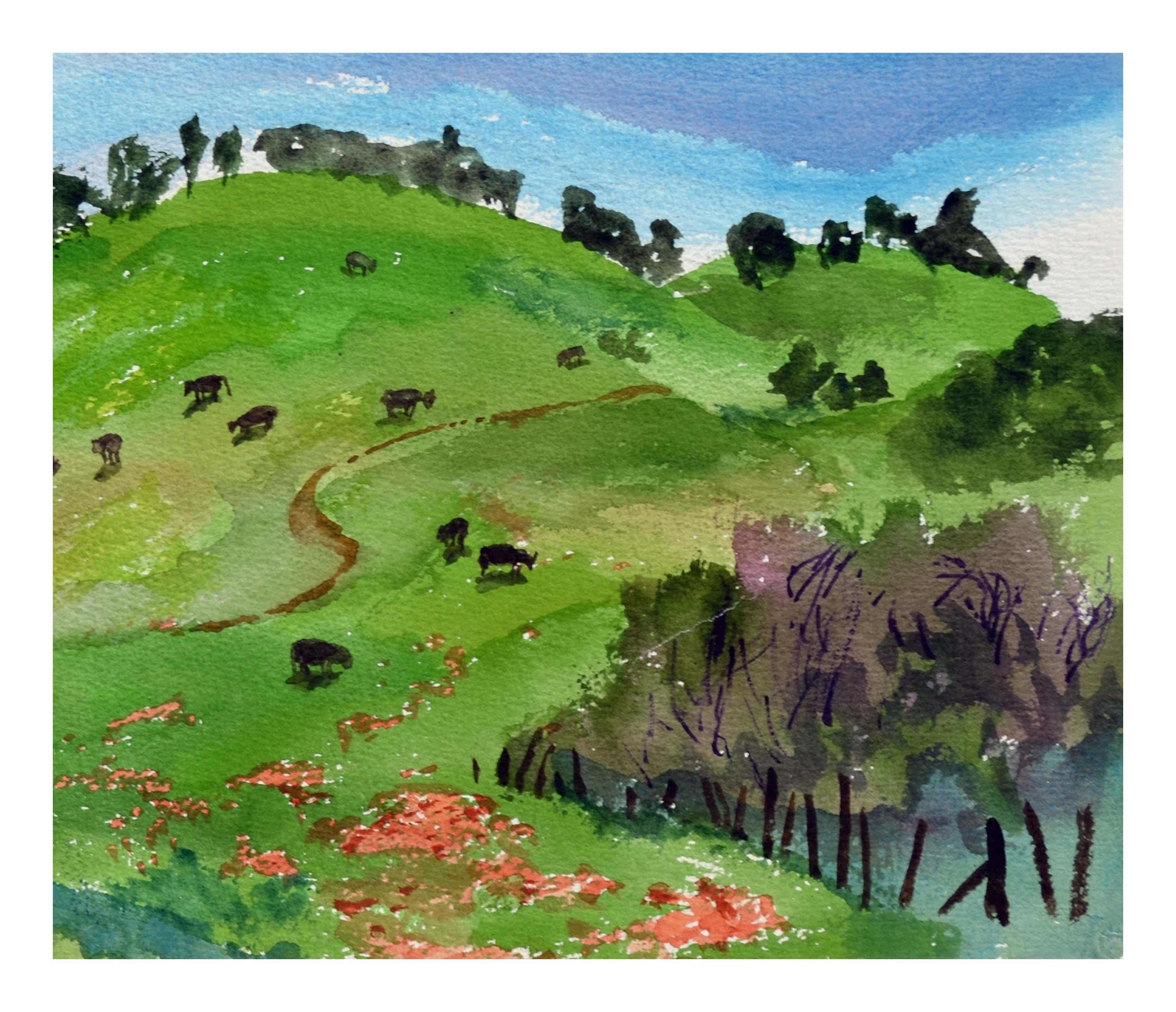 Countryside Hills and Cows Landscape - Art by Les Anderson