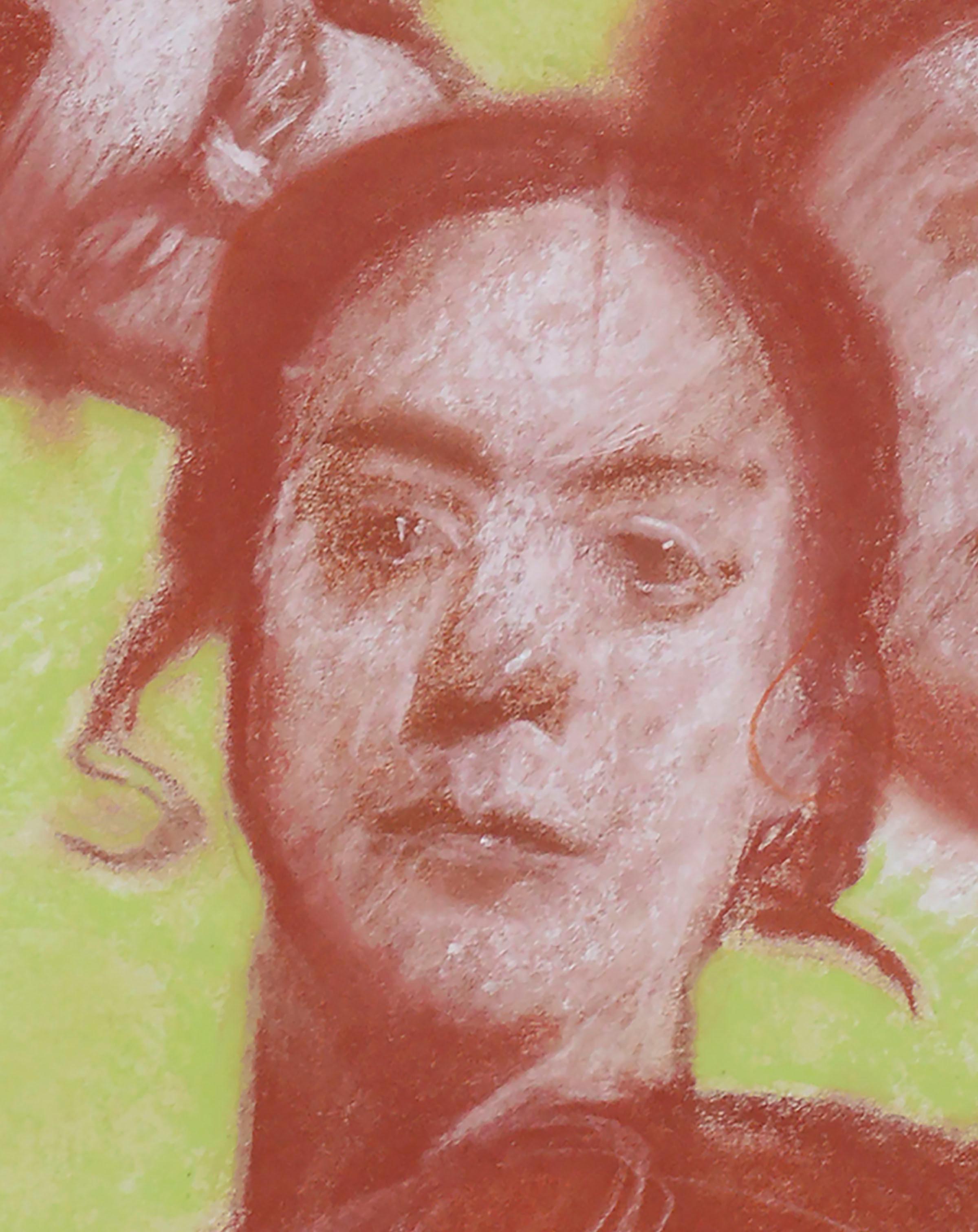 Red and green pastel portrait study of four faces in different poses, one male and one female, by Visionary artist Clayton Anderson (American, b. 1943). Signed and dated 