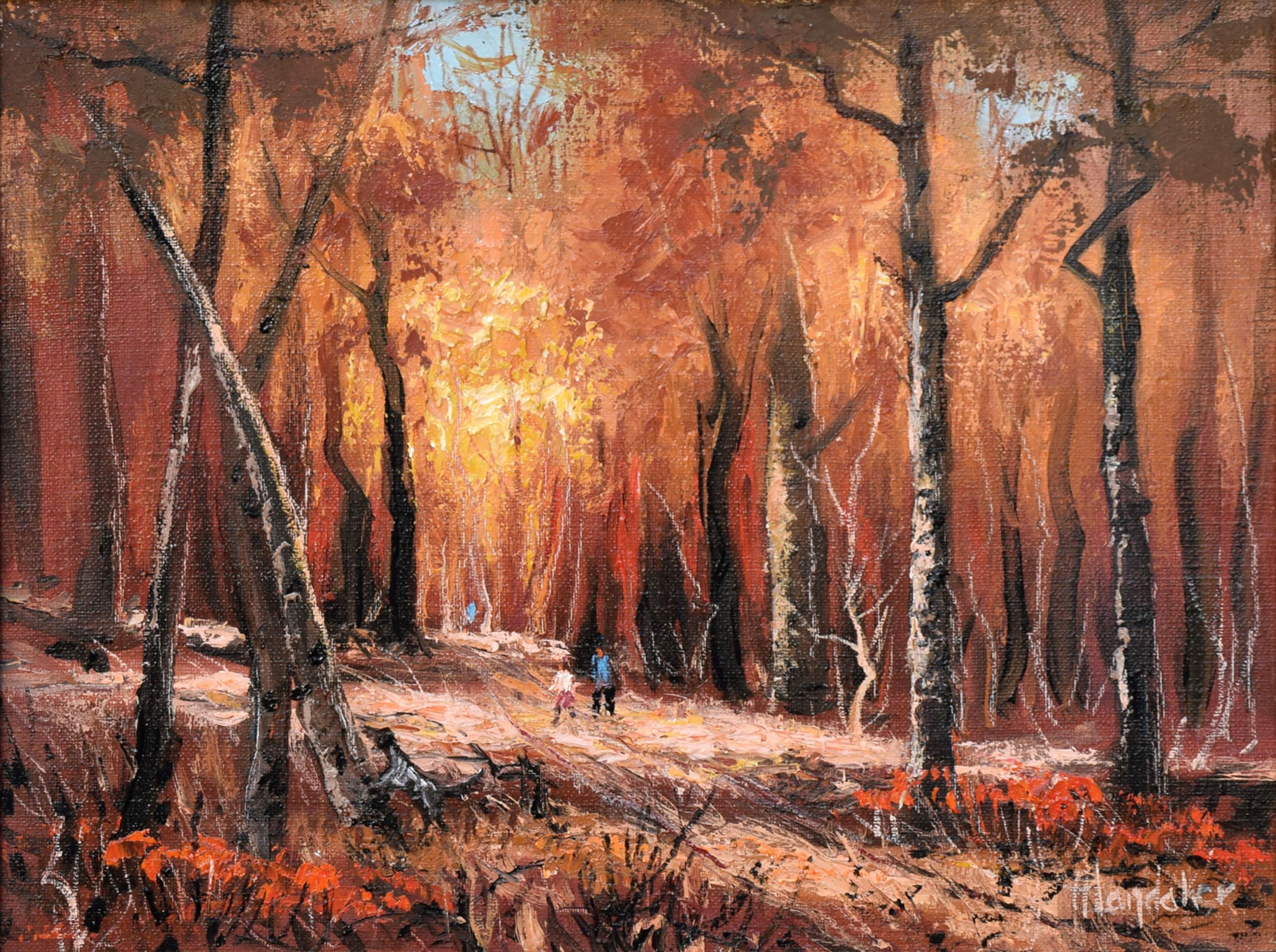 Autumn Walk in the Woods - Midcentury Figurative Landscape  - Painting by Harold Landaker 