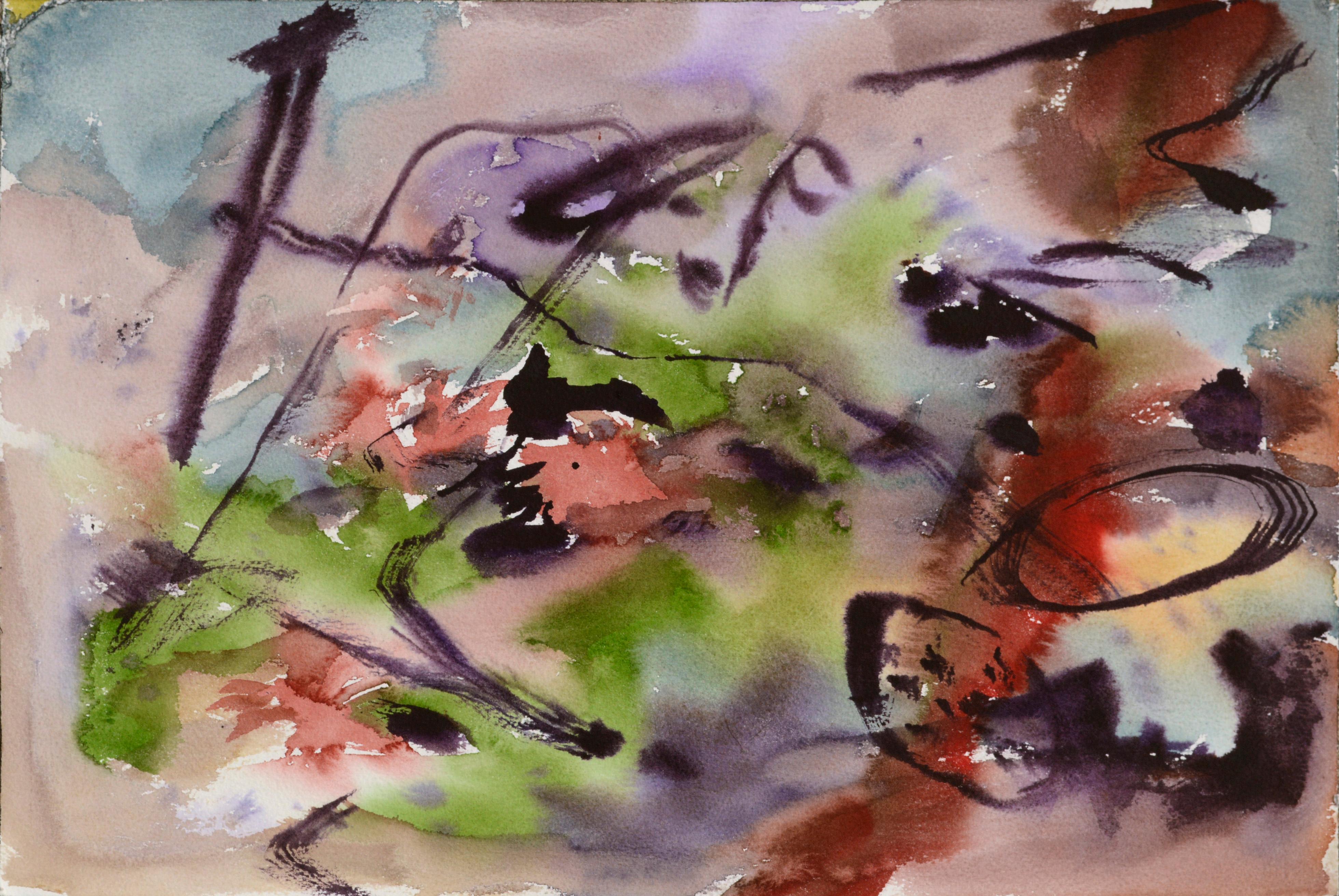 Les Anderson Abstract Drawing - Purple and Green Abstract Watercolor 