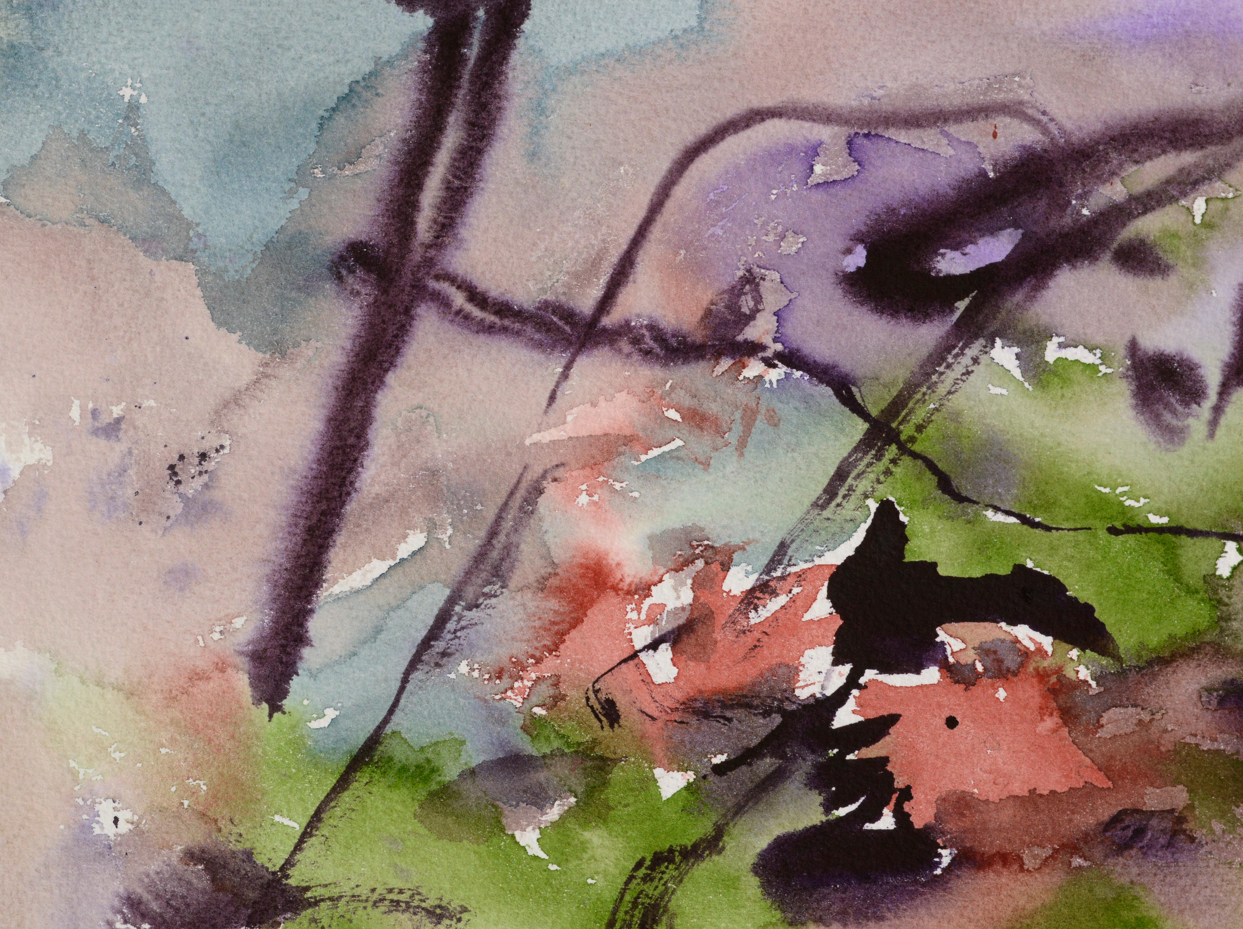 Aquarelle abstraite violette et verte  - Art de Les Anderson