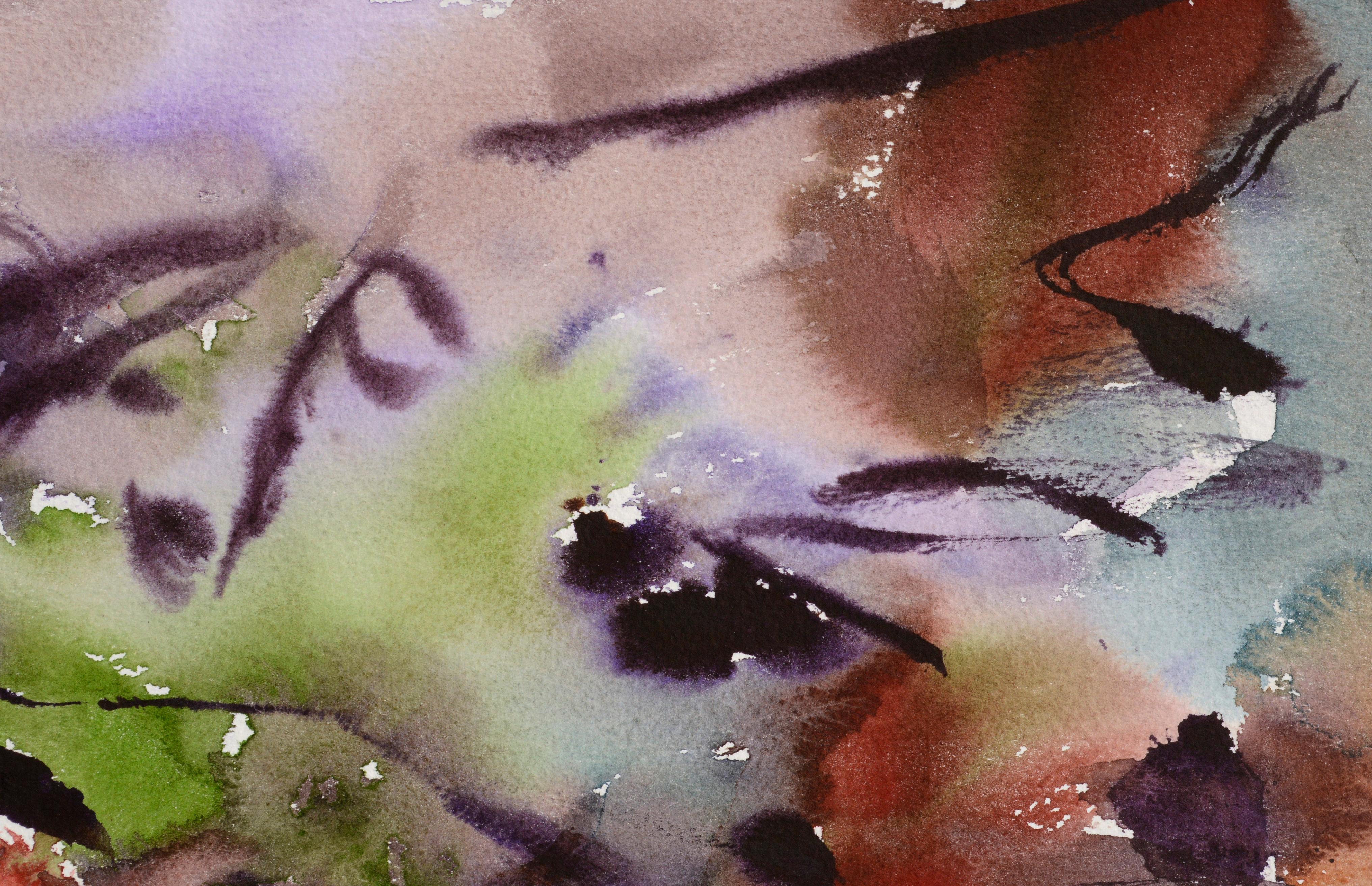 Aquarelle abstraite violette et verte  - Expressionnisme abstrait Art par Les Anderson