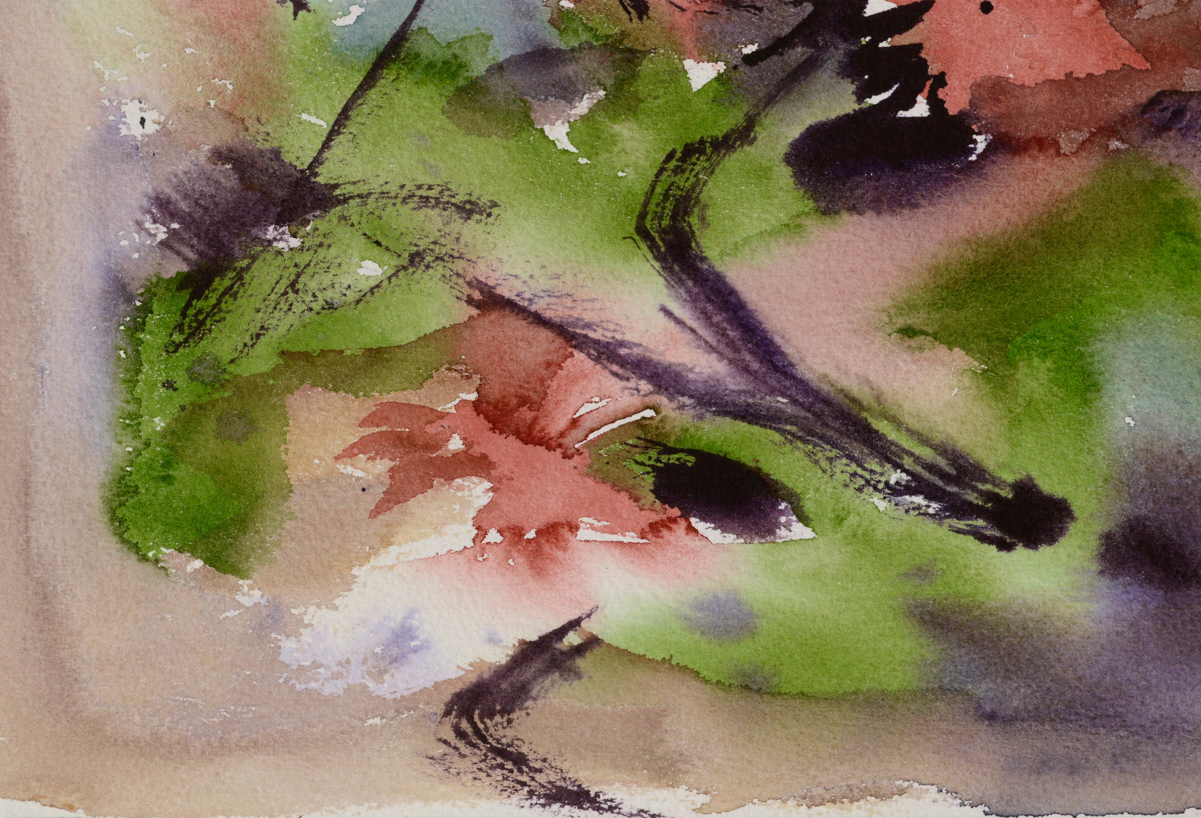 Composition d'aquarelle abstraite avec des tons doux de violet et de vert, accentués de rouge par Les Anderson (américain, 1928-2009). Non signé, mais a été acquis de la succession de Les Anderson à Monterey, Californie. Pas de cadre. Taille de