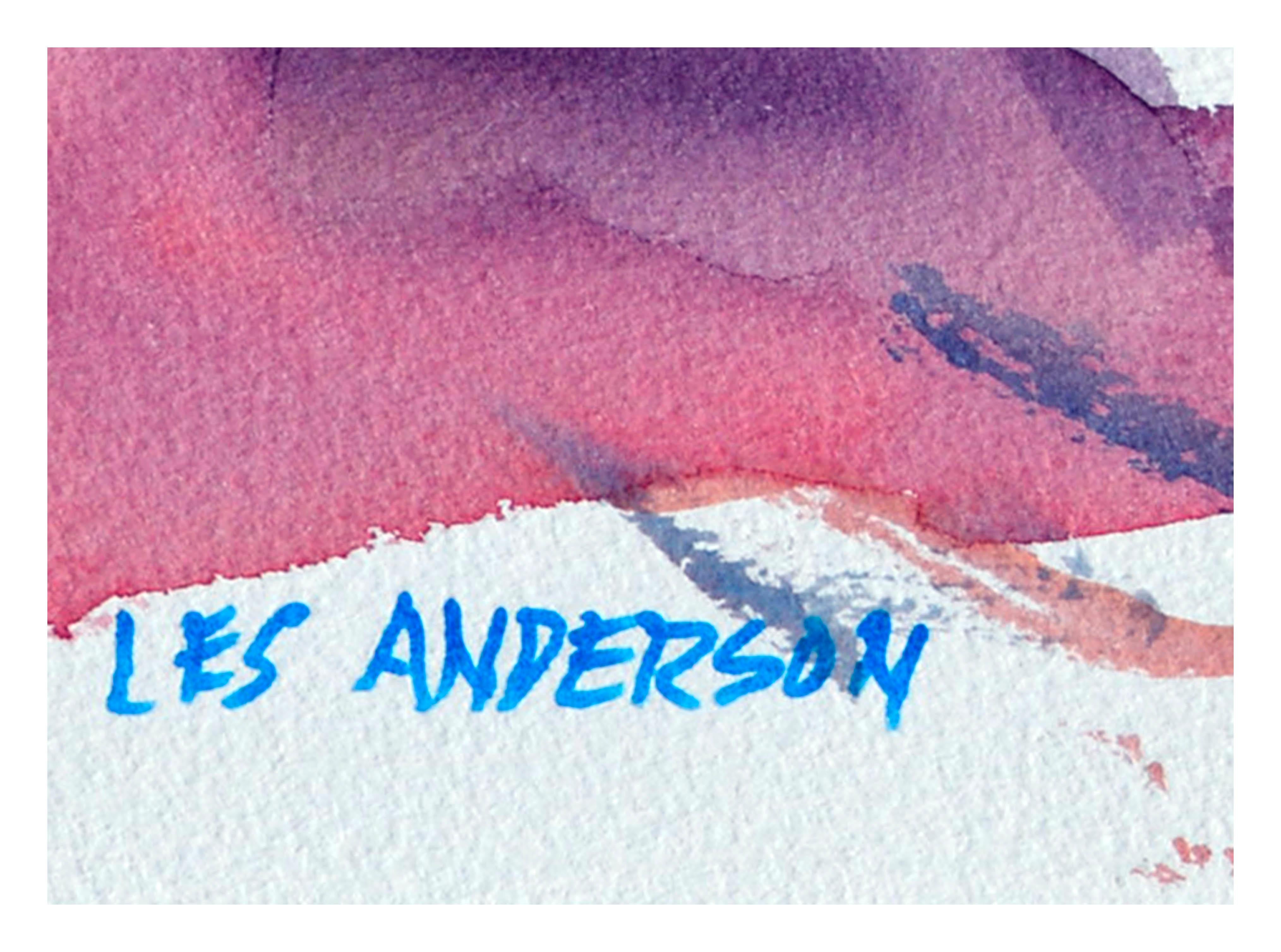 Abstrakte Komposition mit kräftigen rosa und gelben Formen von Les Anderson (Amerikaner, 1928-2009). Signiert unten links. Erworben aus dem Nachlass von Les Anderson in Monterey, Kalifornien. Kein Rahmen. Bildgröße: 14,25 