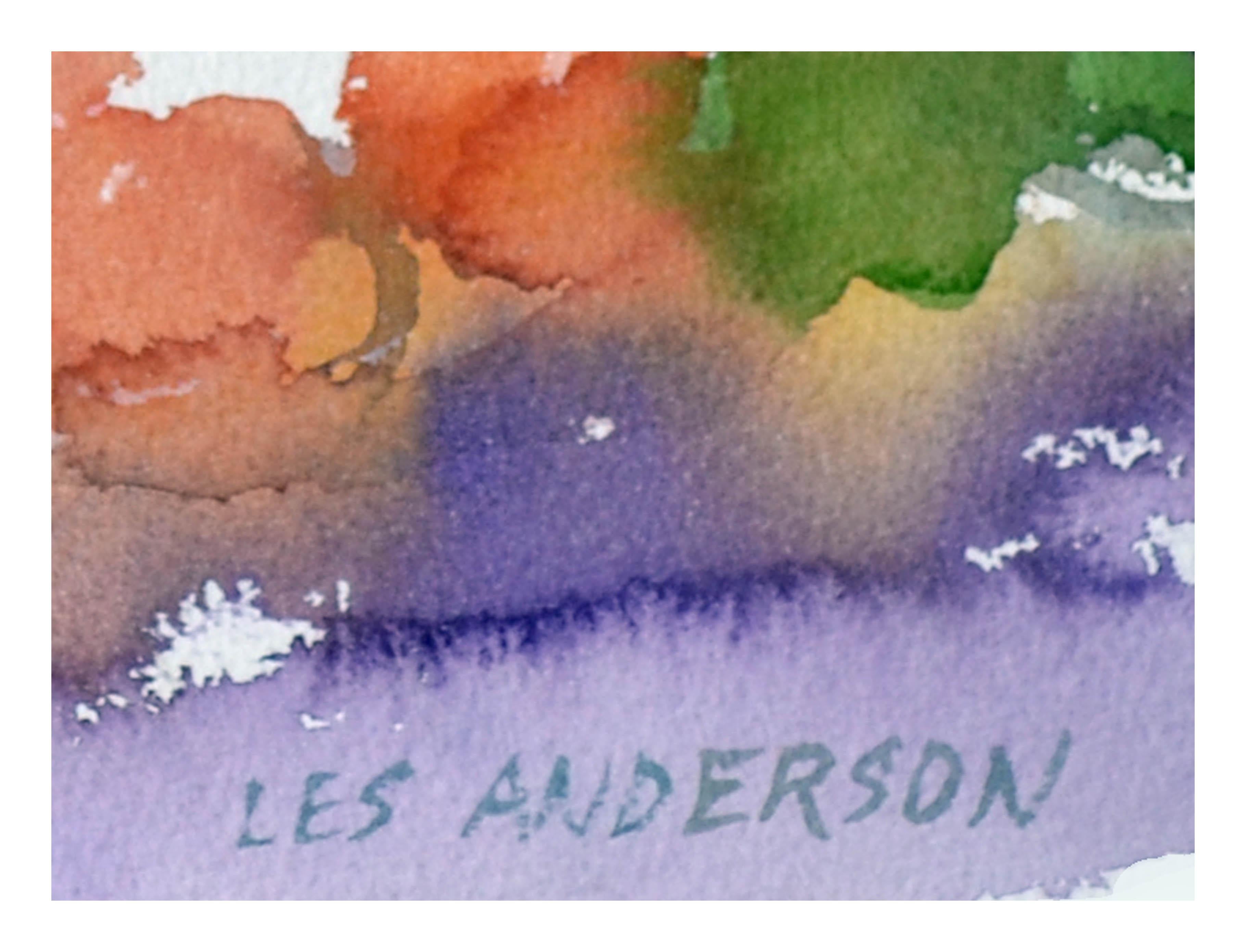 Abstrahiertes Stillleben einer Vase mit roten Blumen und Früchten, die in eine abstrakte expressionistische Aquarellkomposition von Les Anderson (Amerikaner, 1928-2009) übergehen. Signiert 