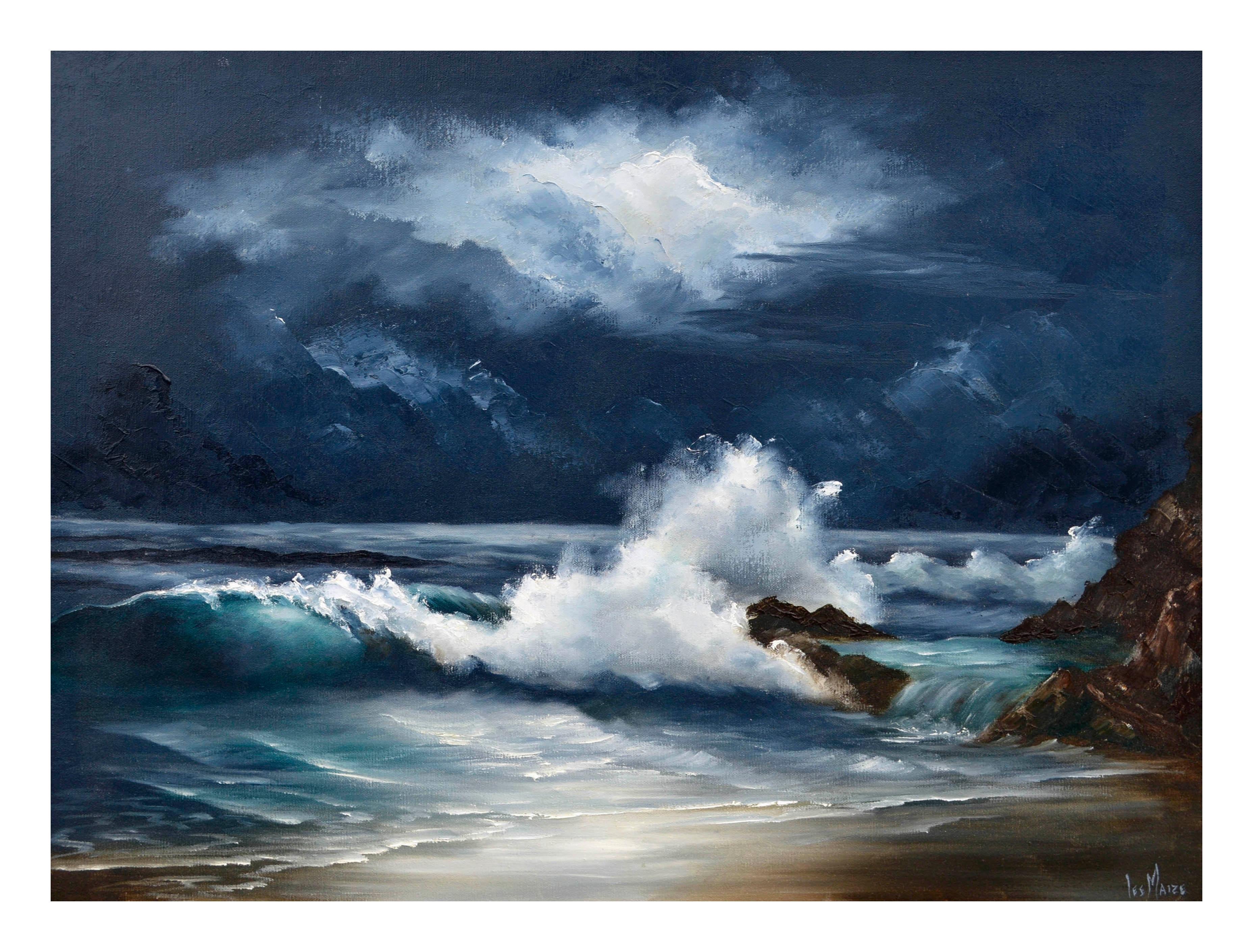 Moonlit Waves – Nocturnal Seascape – Painting von Lee Maize