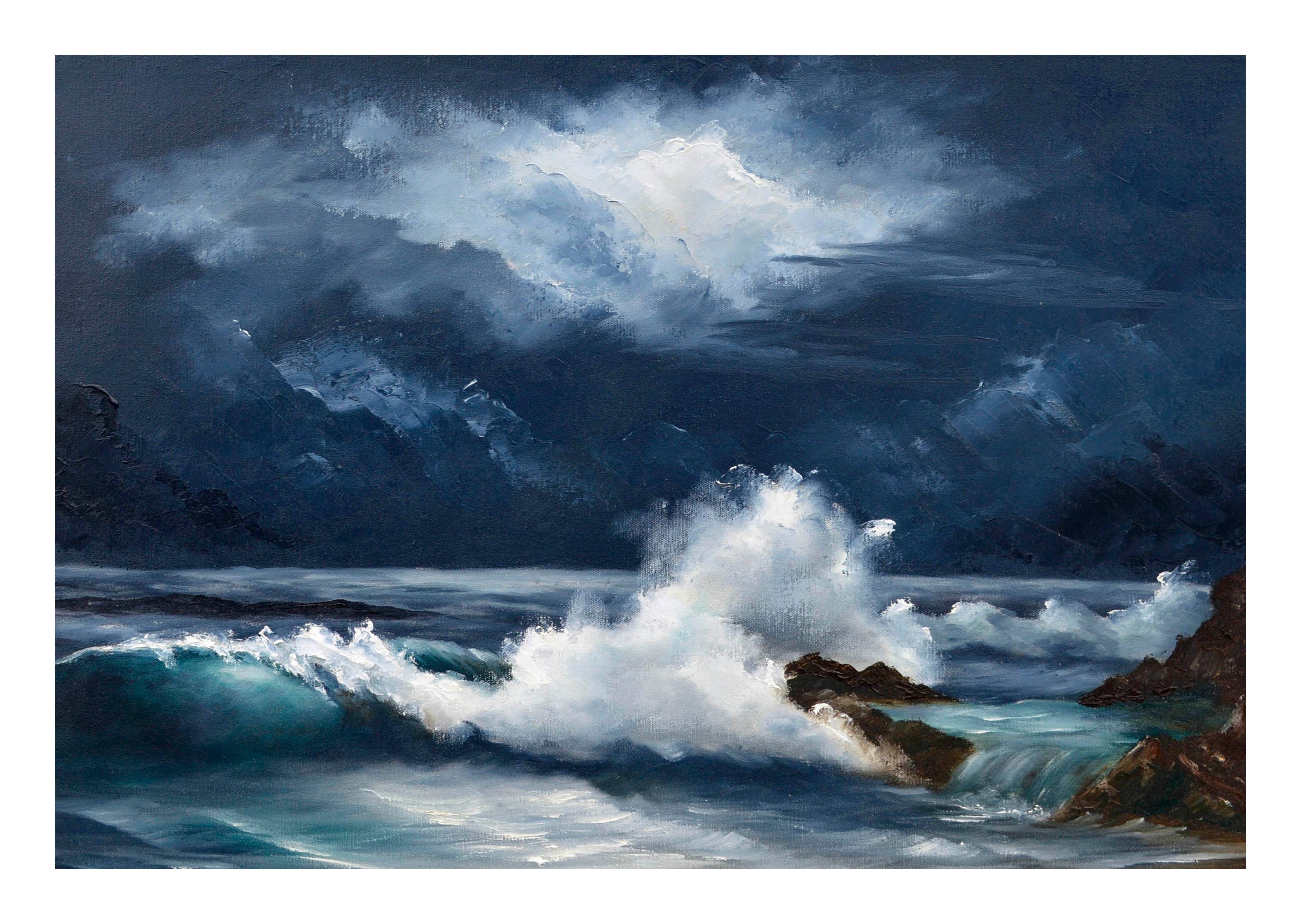 Moonlit Waves – Nocturnal Seascape (Schwarz), Landscape Painting, von Lee Maize