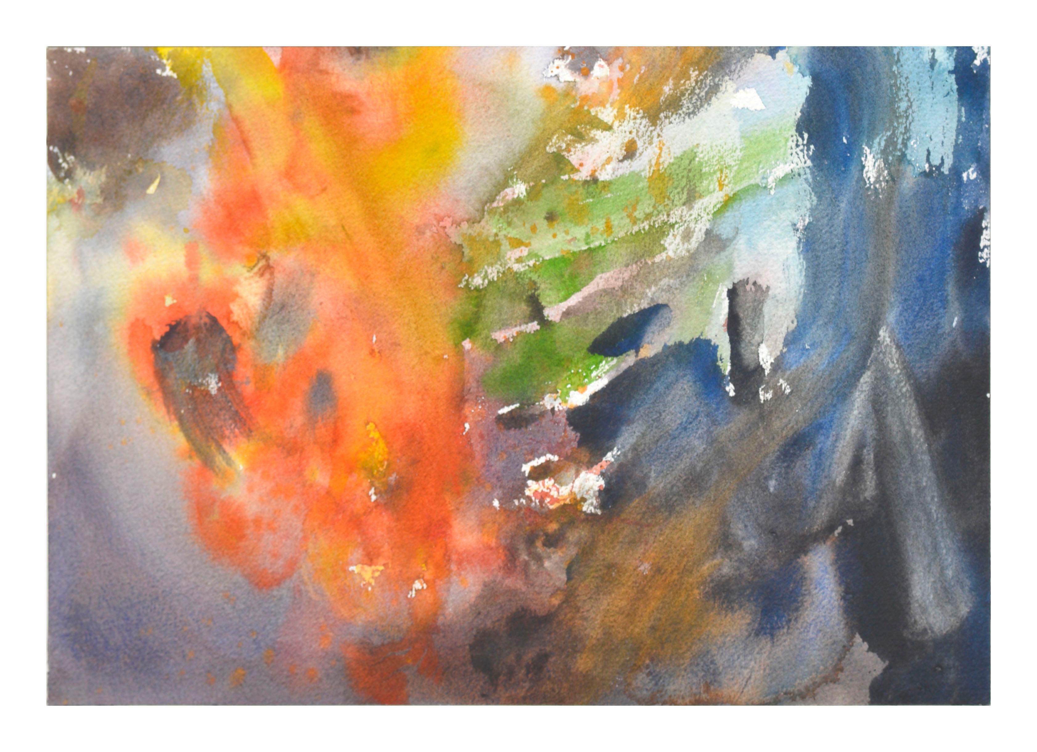 Les Anderson Abstract Drawing - Orange & Blue Abstract Watercolor