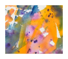 Aquarelle abstraite bleue et jaune, signée, années 1980, non encadrée, 10 x 14,25 pouces
