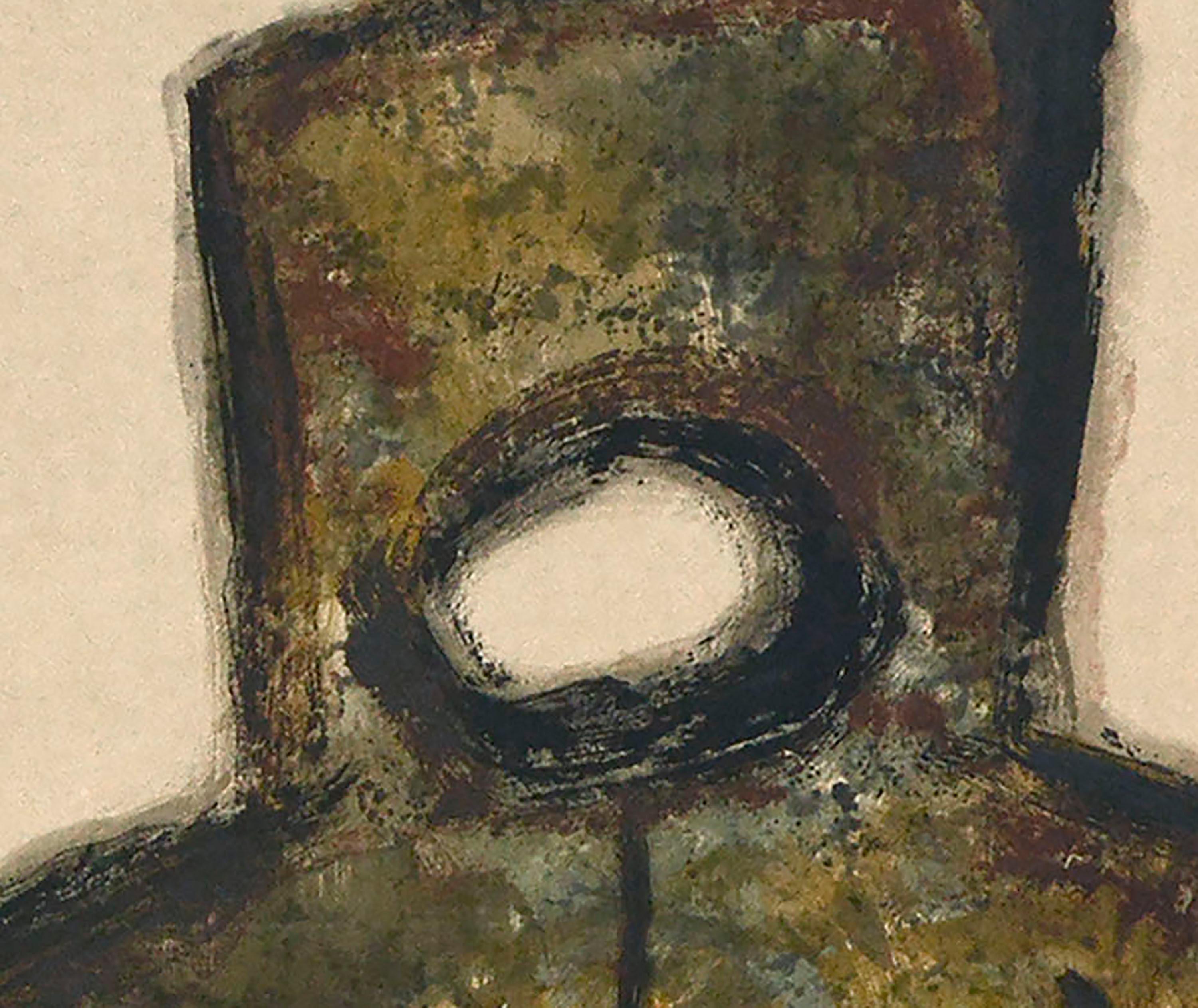 Figural abstract inspired by Chinese art and calligraphy featuring a large totem-like form in textured earth tones with black Chinese characters in bold, black brushstrokes by Anna Wu Weakland (Chinese-American, 1924-2014). Signed lower right with