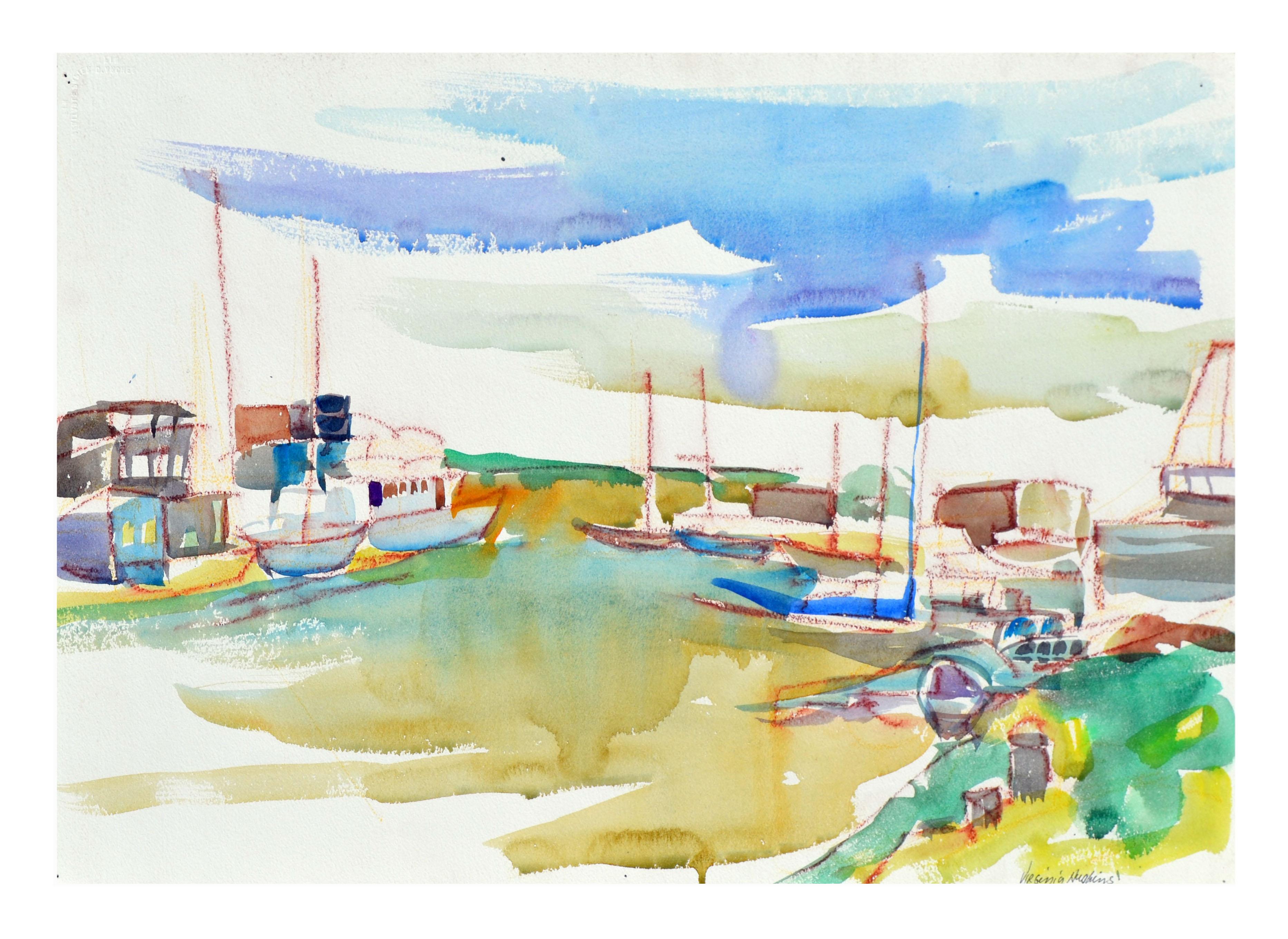 Landscape Art di Virginia J. Hughins - Barche a vela nel paesaggio del porto