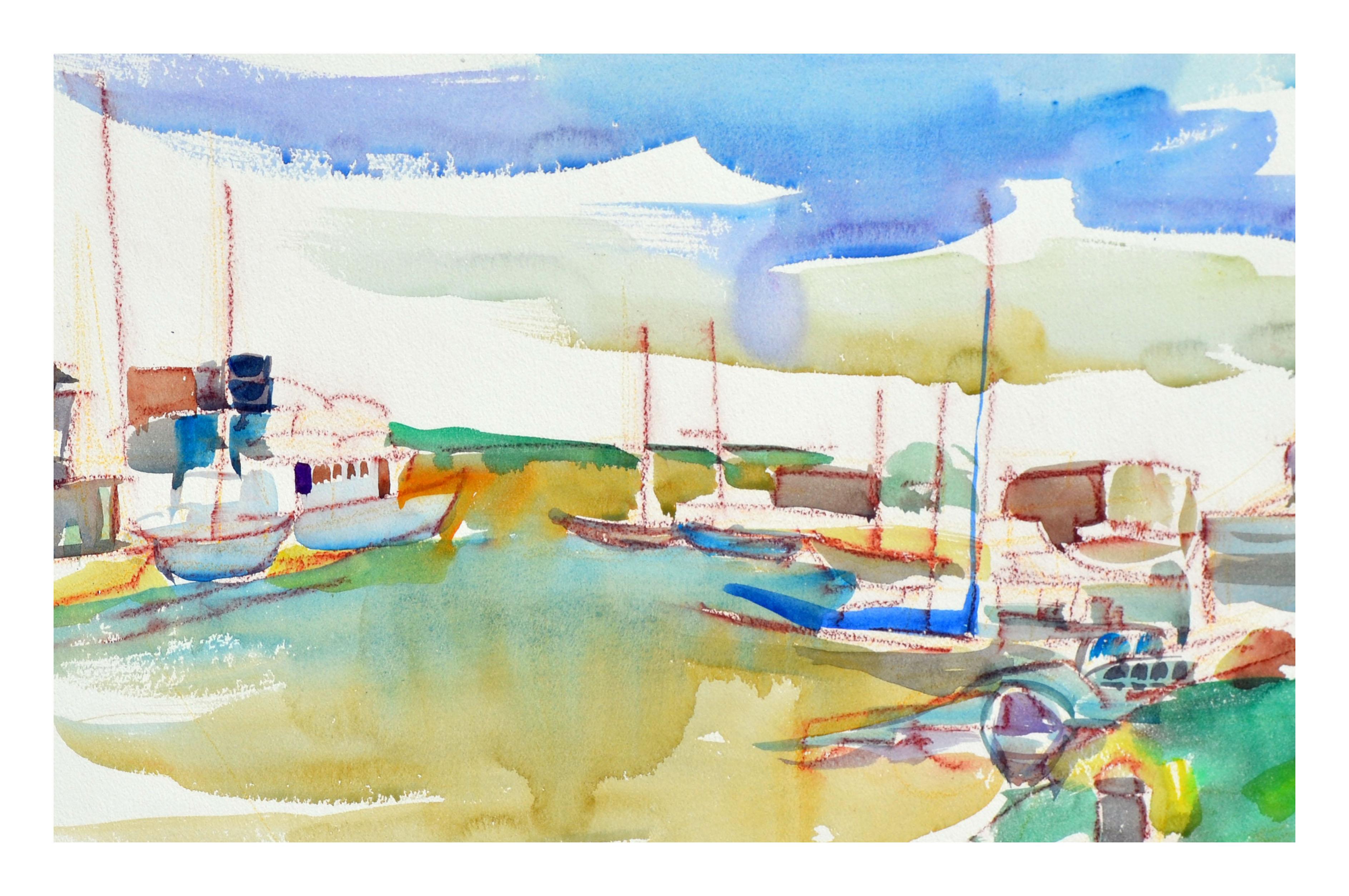 Barche a vela nel paesaggio del porto - Art Impressionismo americano di Virginia J. Hughins