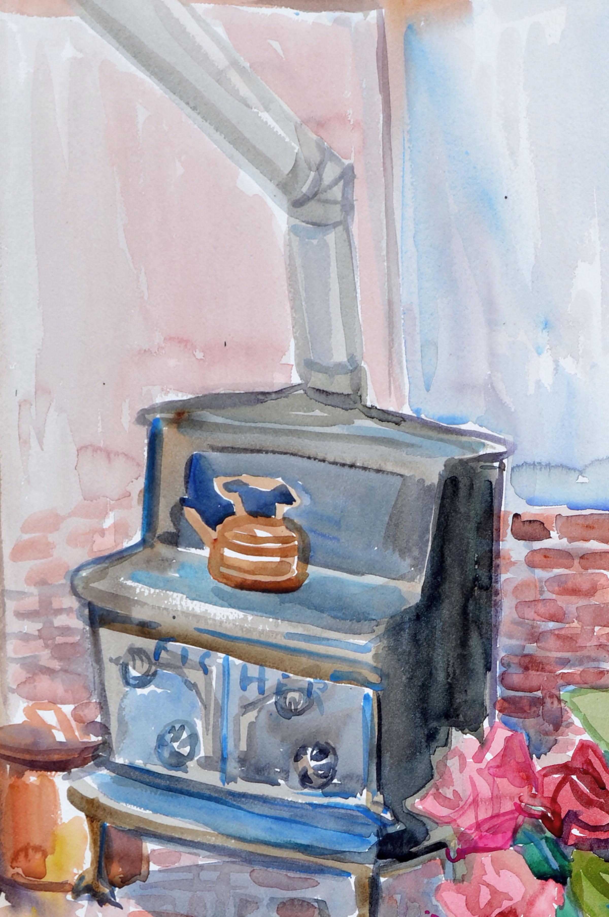 Vintage-Stillleben – Holzstove & Blumenstrauß (Amerikanischer Impressionismus), Art, von Virginia J. Hughins