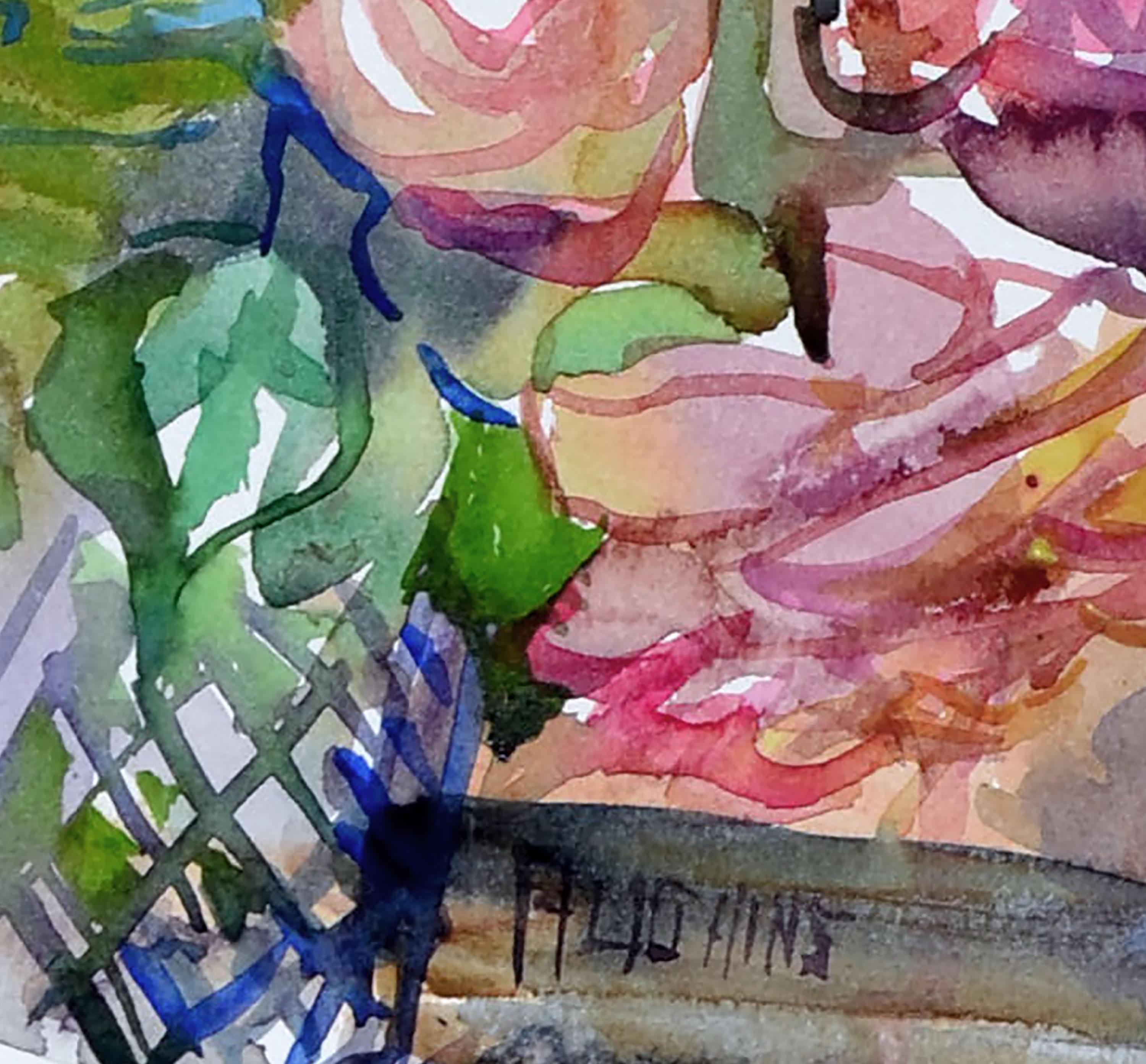 Bezauberndes Aquarell-Stillleben eines gemütlichen Interieurs mit Holzofen und buntem Blumenstrauß der kalifornischen Künstlerin Virginia Hughins (Virginia Brubaker DeWolf), (Amerikanerin, 1923-2004). Signiert 