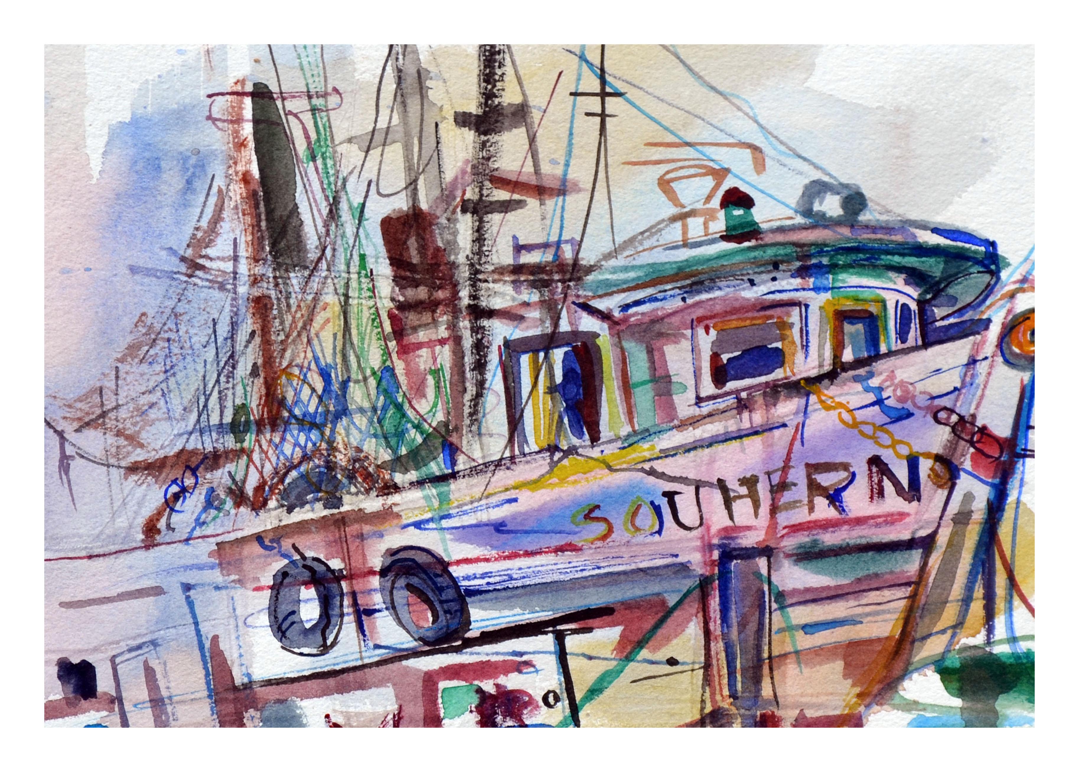 Fishing Boat, Boot (Amerikanischer Impressionismus), Art, von Virginia J. Hughins