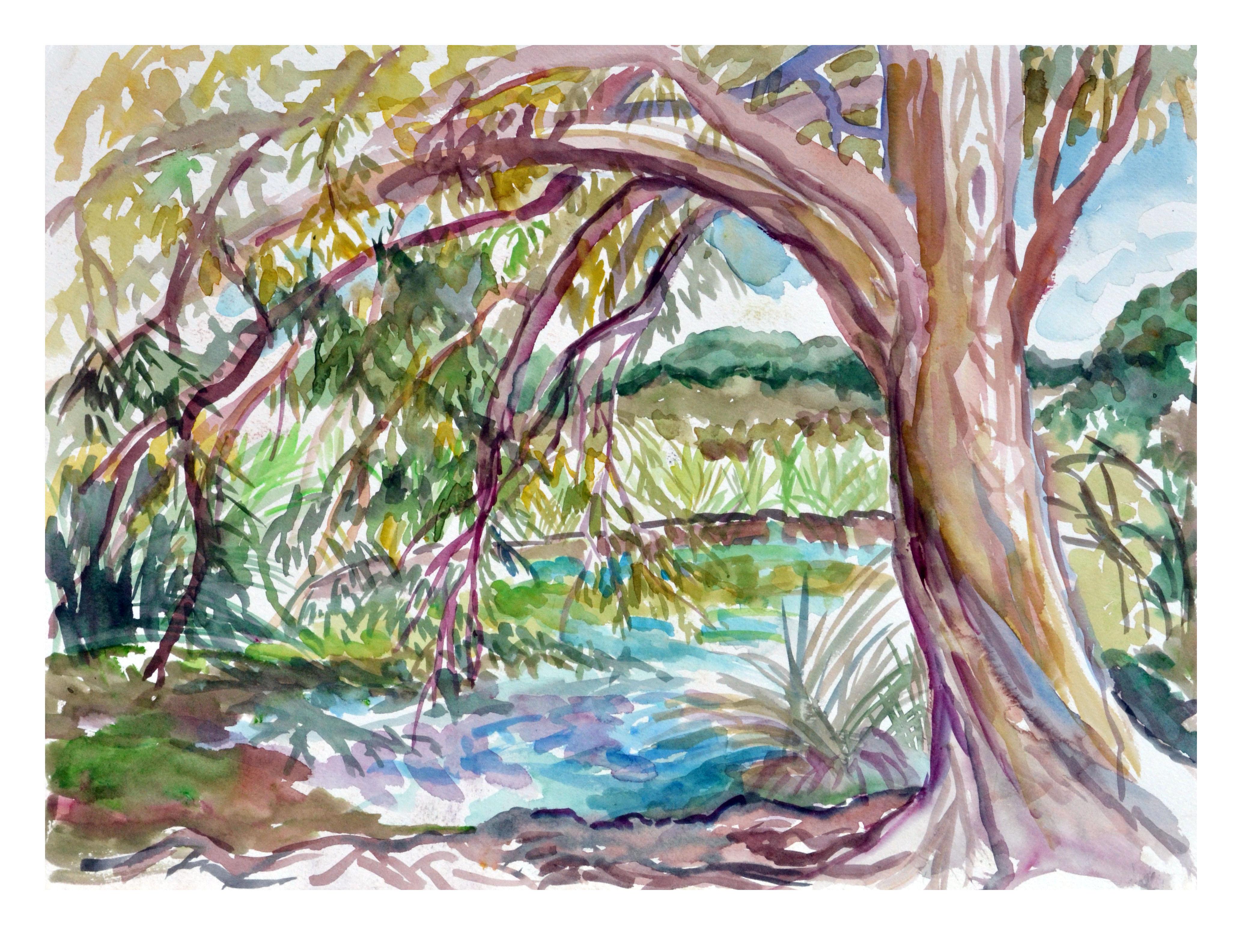 Virginia J. Hughins Landscape Art - Tree by Pond Landscape