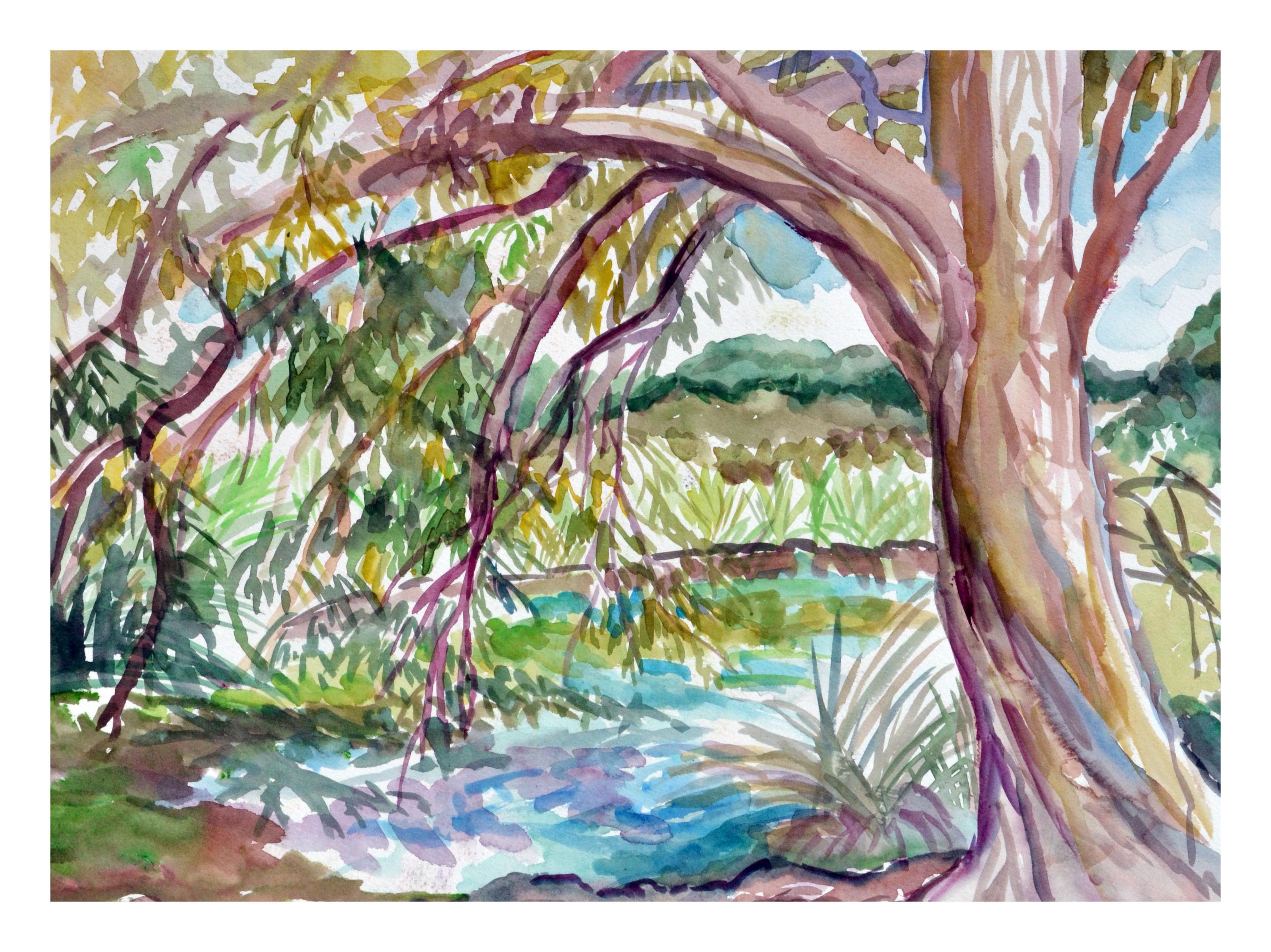 Tree by Pond Landscape - Art by Virginia J. Hughins