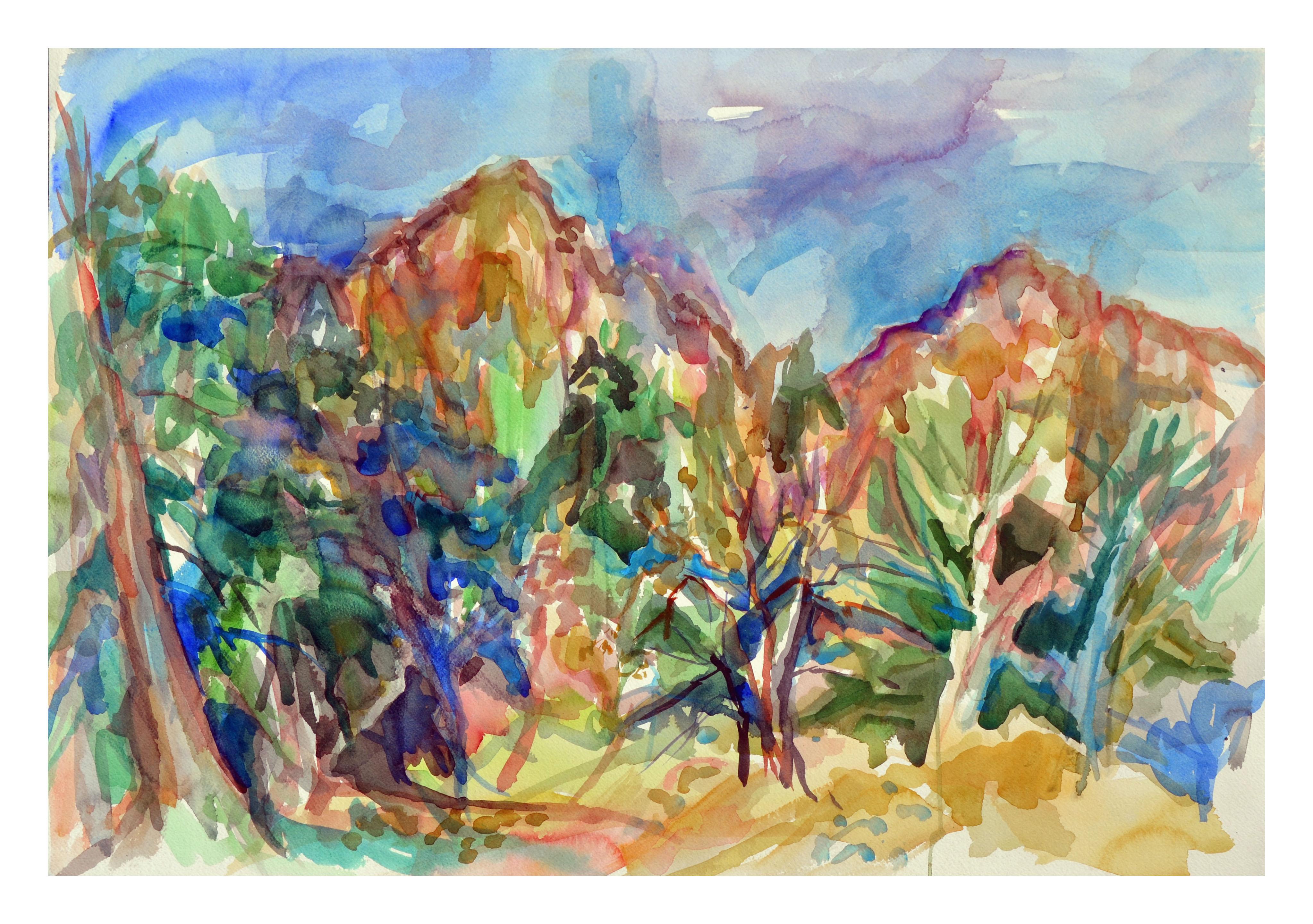 Virginia J. Hughins Landscape Art – Landschaft aus abstrahiertem Bergland