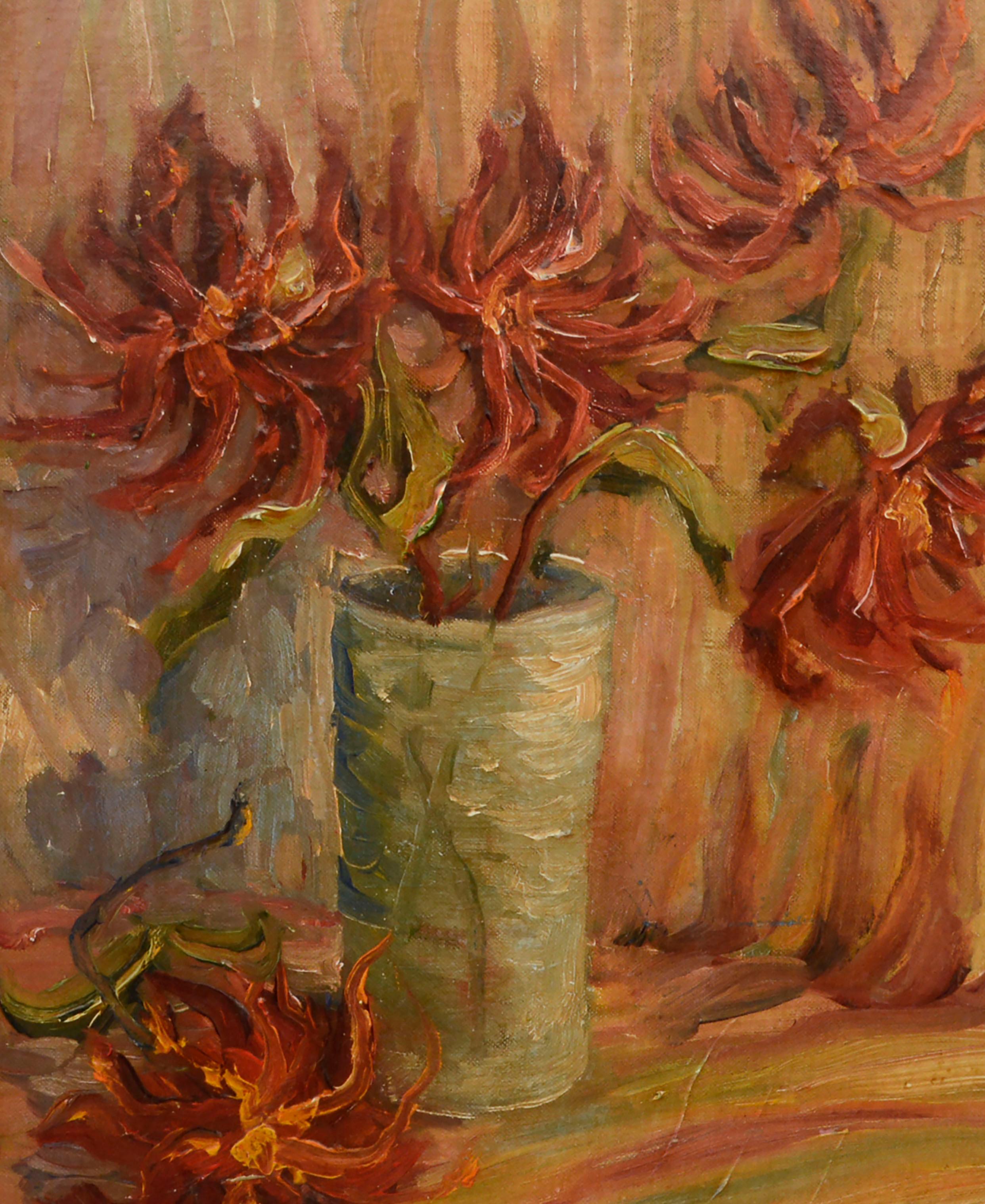 Nature morte aux fleurs rouges du milieu du siècle  - Impressionnisme américain Painting par Frank McConnell