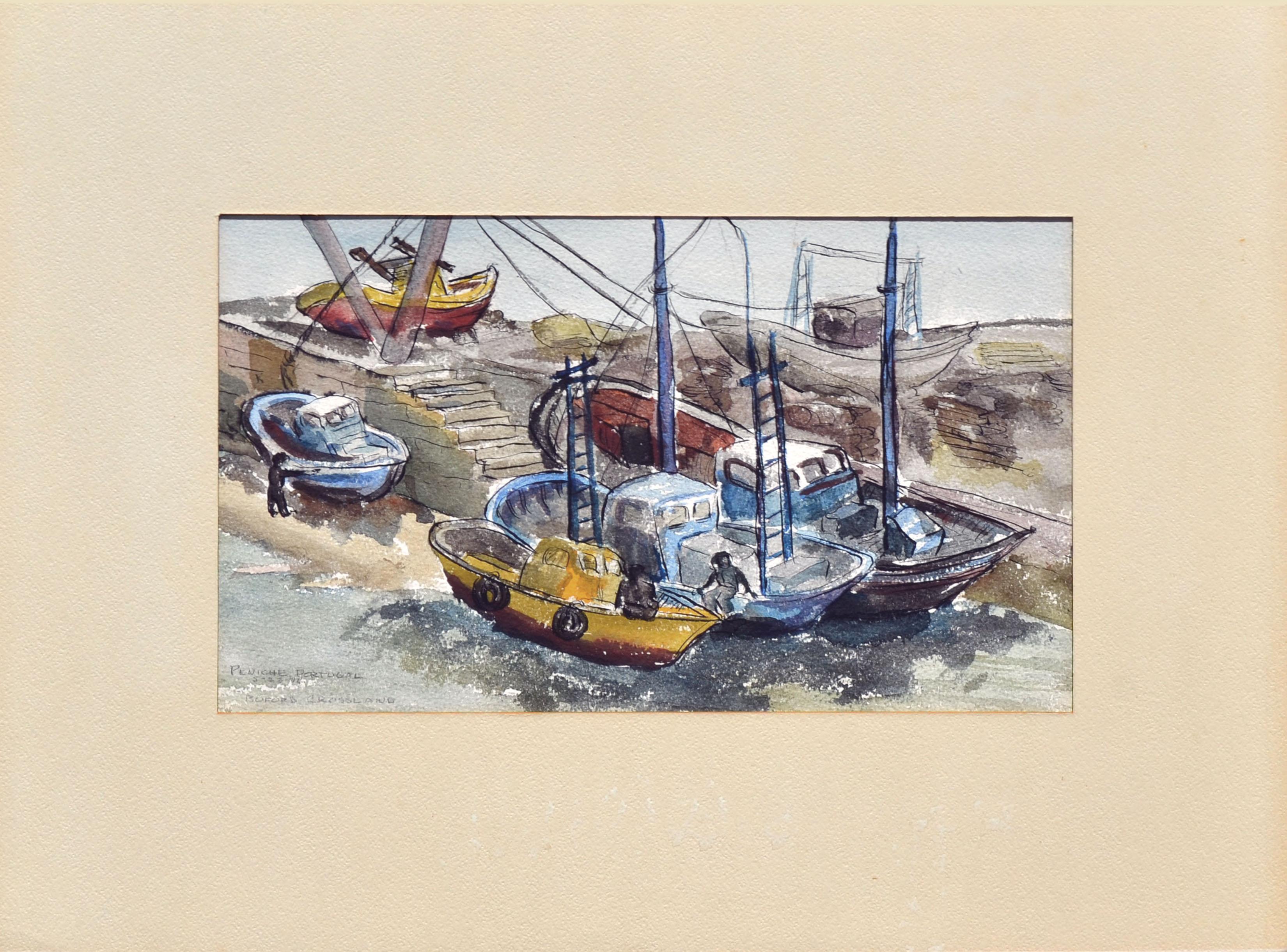 Vintage Figurative Landscape of Peniche, Portugal Harbor Boats  - Art by Buford Crossland