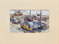 Vintage Figurative Landscape of Peniche, Portugal Harbor Boats
