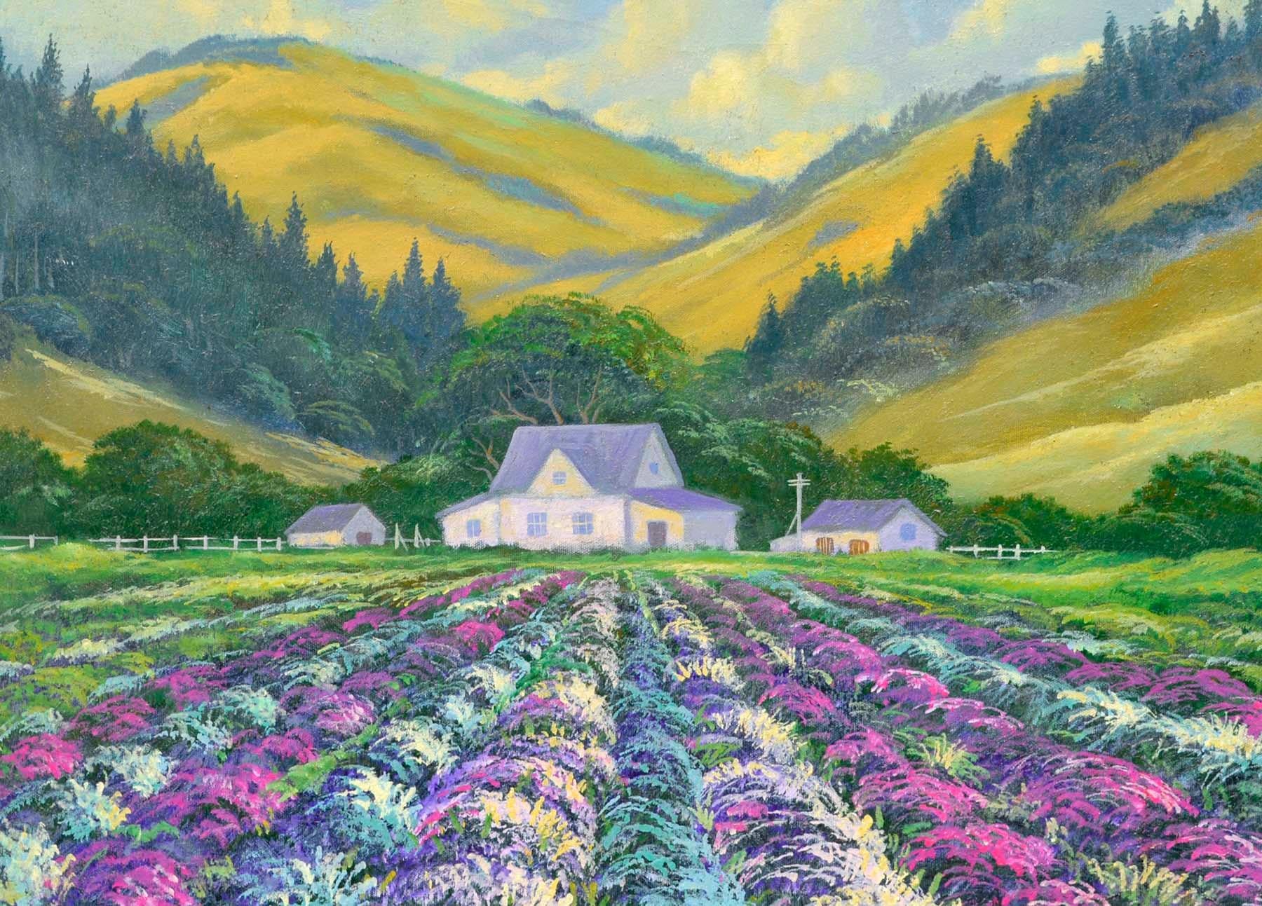 Vintage Flowering Statice Fields Landscape Original Oil on Canvas - Painting by Pasha Polikarpov