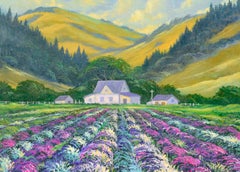 Vintage Flowering Statice Fields Landscape Original Oil on Canvas