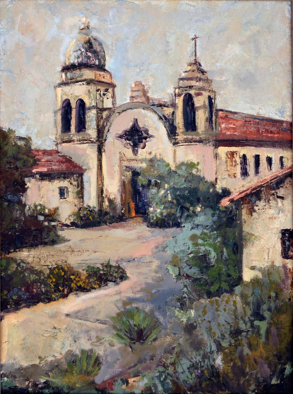 Paysage californien vintage de Carmel Mission<unk> - Painting de Kathleen J. Canepa