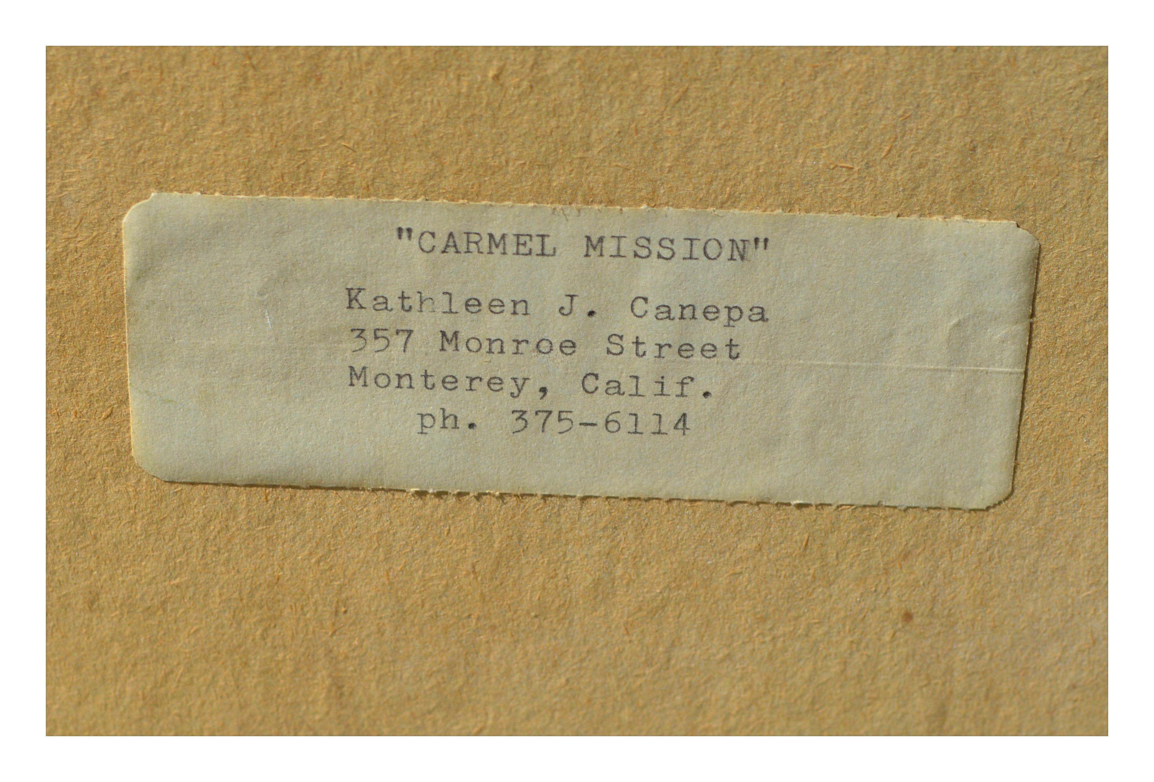 Magnifique paysage californien vintage de Carmel Mission avec des plantes indigènes dans des tons neutres doux et des couleurs sourdes subtiles par Kathleen J. Canepa (Américaine, 20e siècle). Non signée. Titré 