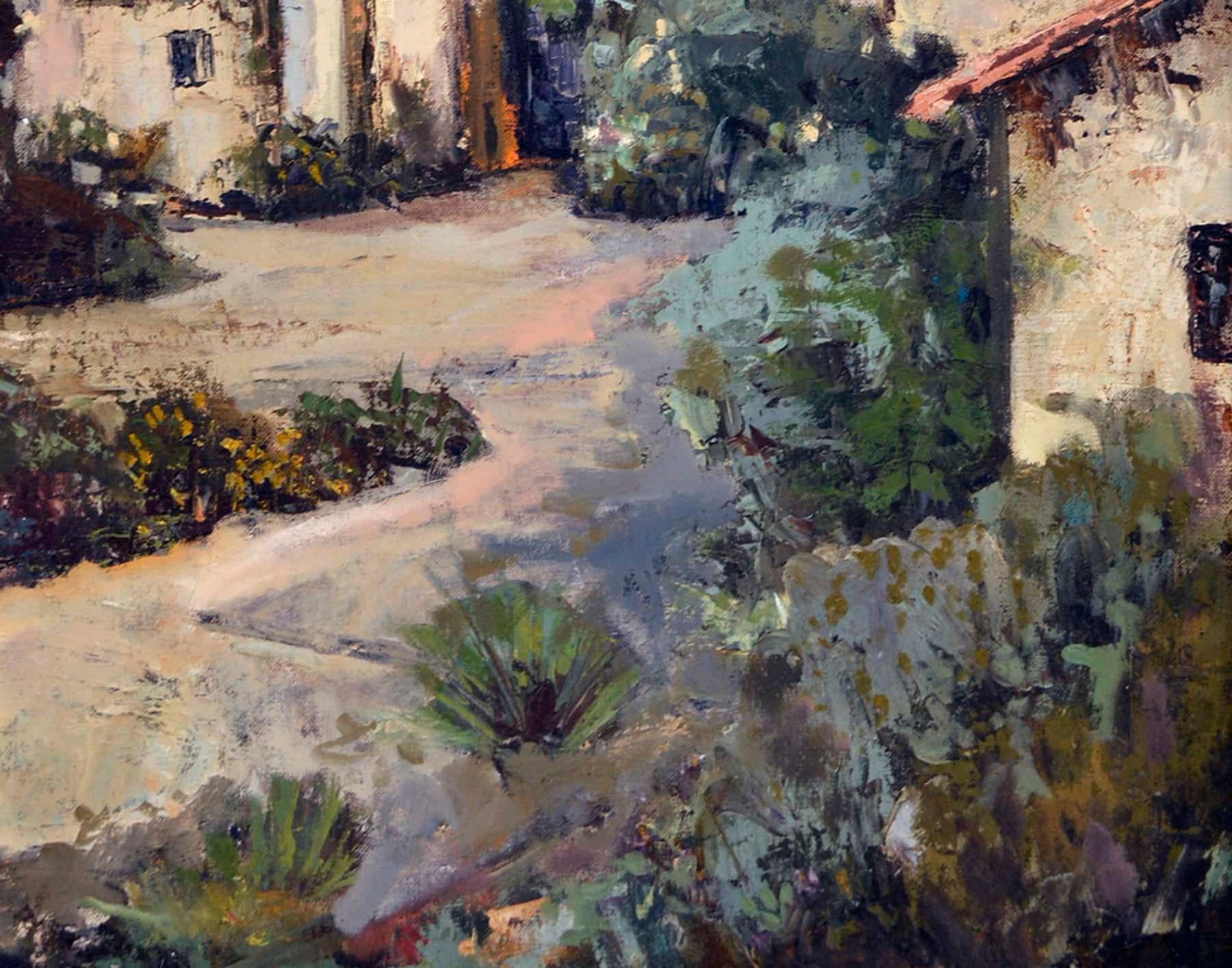 Paysage californien vintage de Carmel Mission<unk> - Gris Landscape Painting par Kathleen J. Canepa