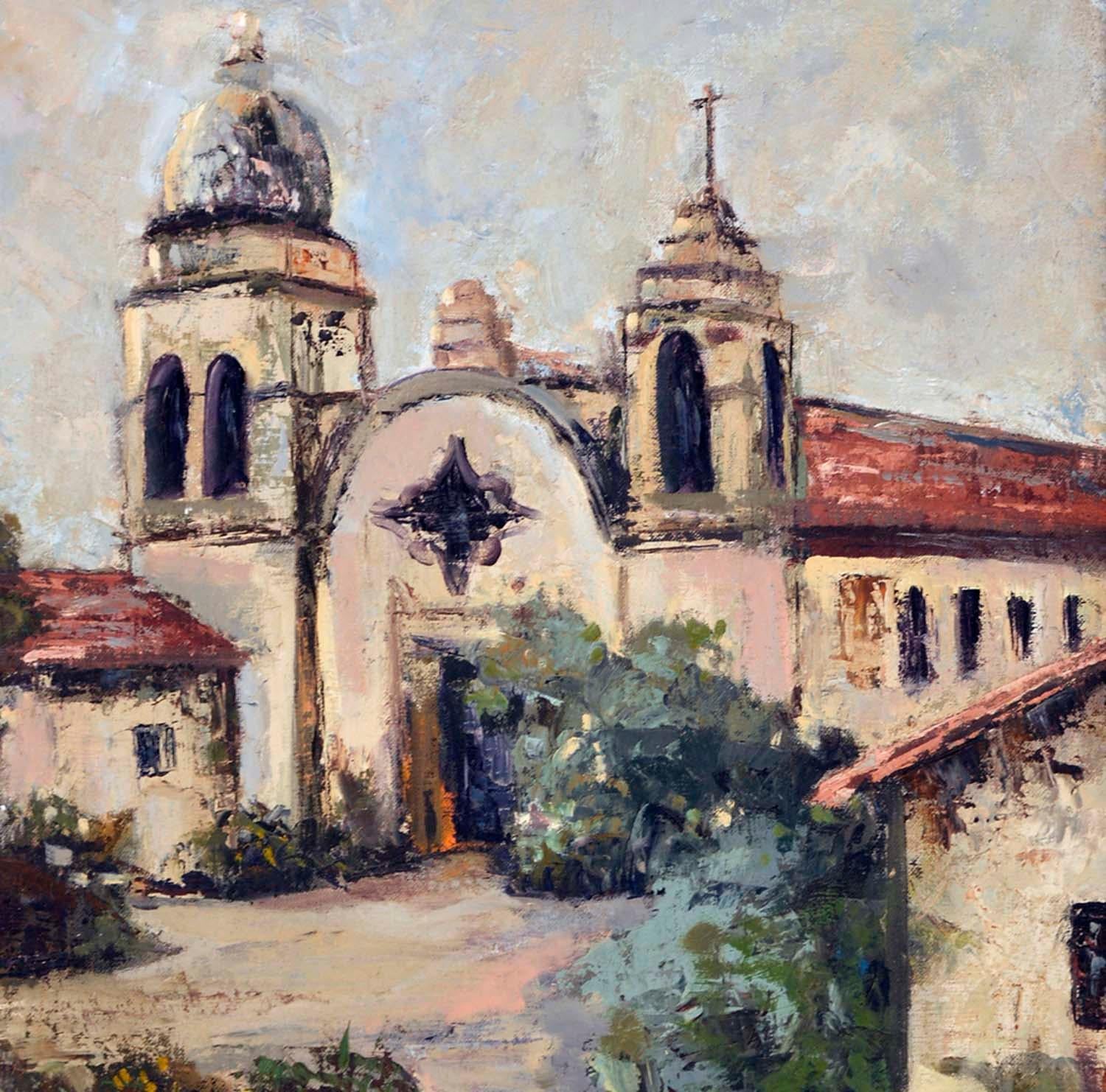 Paysage californien vintage de Carmel Mission<unk> - Impressionnisme américain Painting par Kathleen J. Canepa