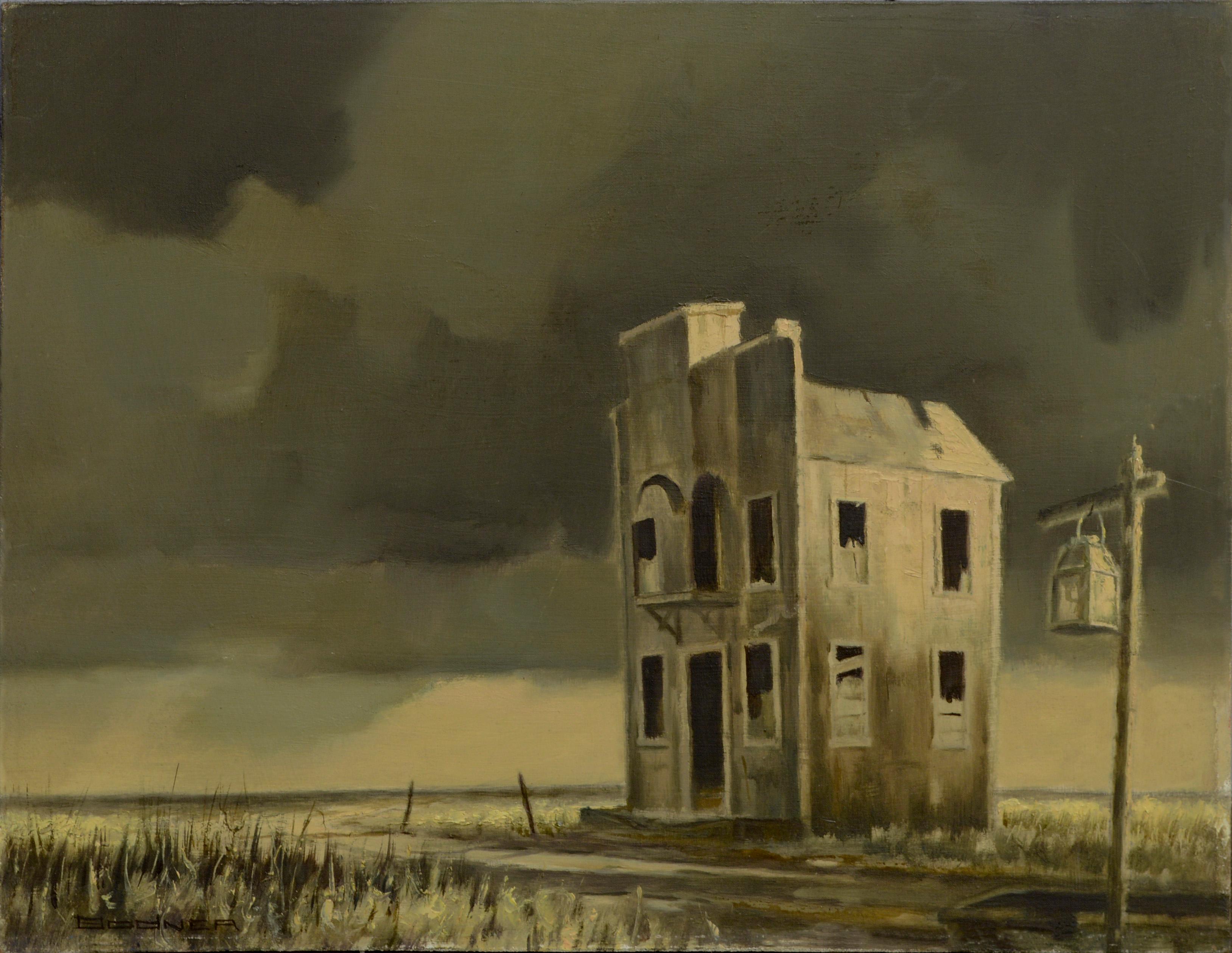 Joseph Bodner Landscape Painting - Abandoned Building, Mid Century Sepia Ghost Town Landscape