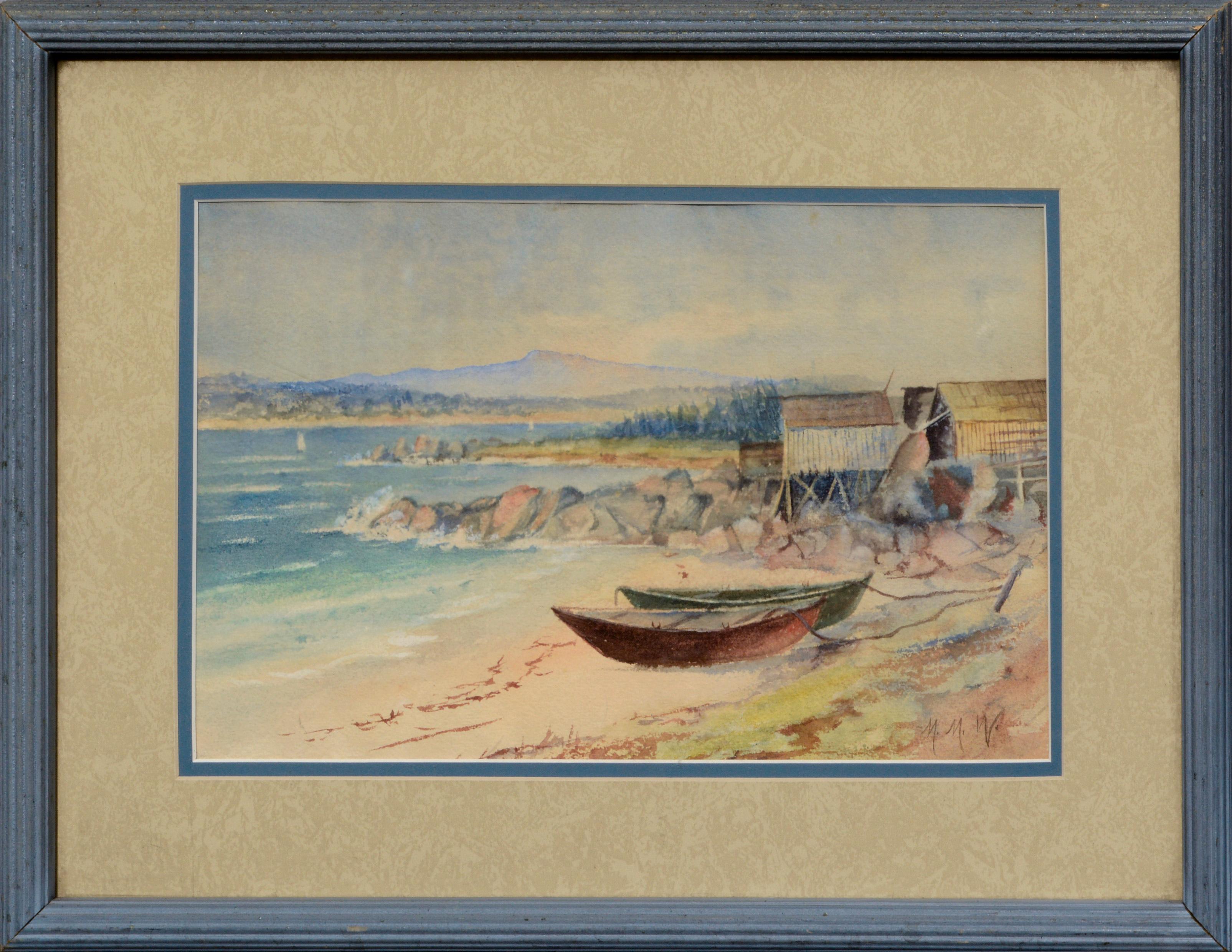 Melvena M. Benjamin Wade Landscape Art - "Boats at Low Tide", Early 20th Century Coastal Landscape Watercolor 