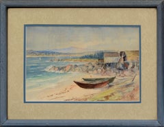 "Boats at Low Tide", Early 20th Century Coastal Landscape Watercolor 